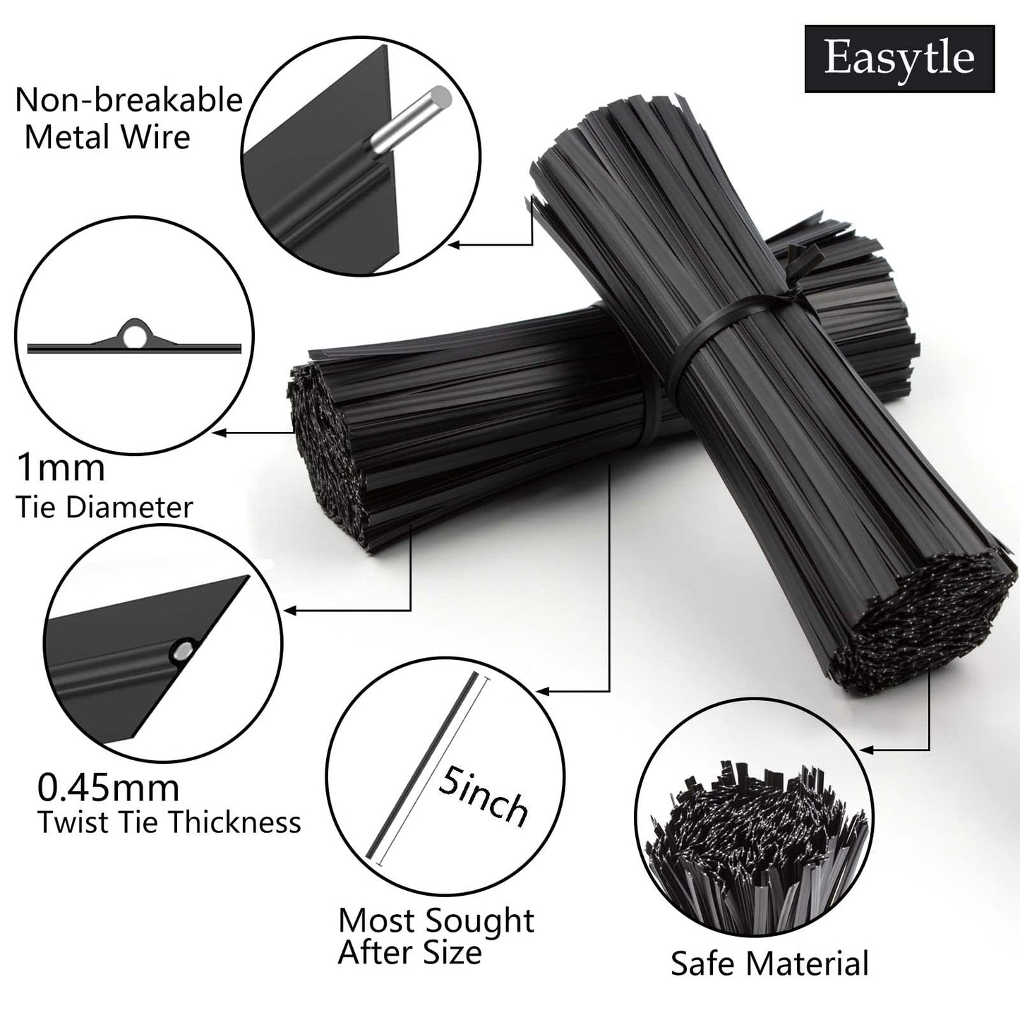 400 Pcs Twist Ties for Bags 5" Cable Ties Bag Twist Ties for Cord Twist Bread Ties Reusable Black Plastic Coated Ties Heavy Duty Bread Ties Twist Wire