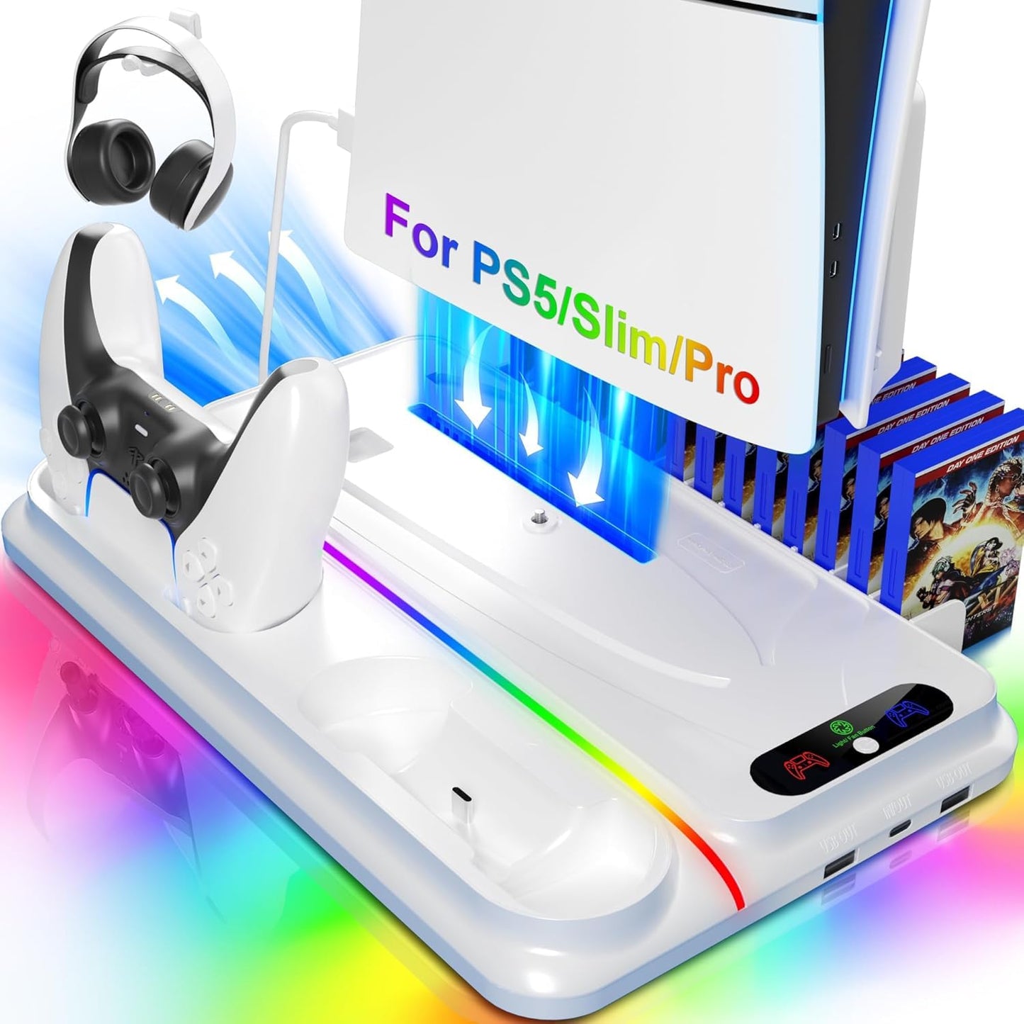 PS5 Cooling Station for PS5/Slim/Pro Disc Digital Console,PS5 Fan Cooling Fan with Dual PS 5 Controller Charger,3 Level Fan, RGB Light,12 Slot