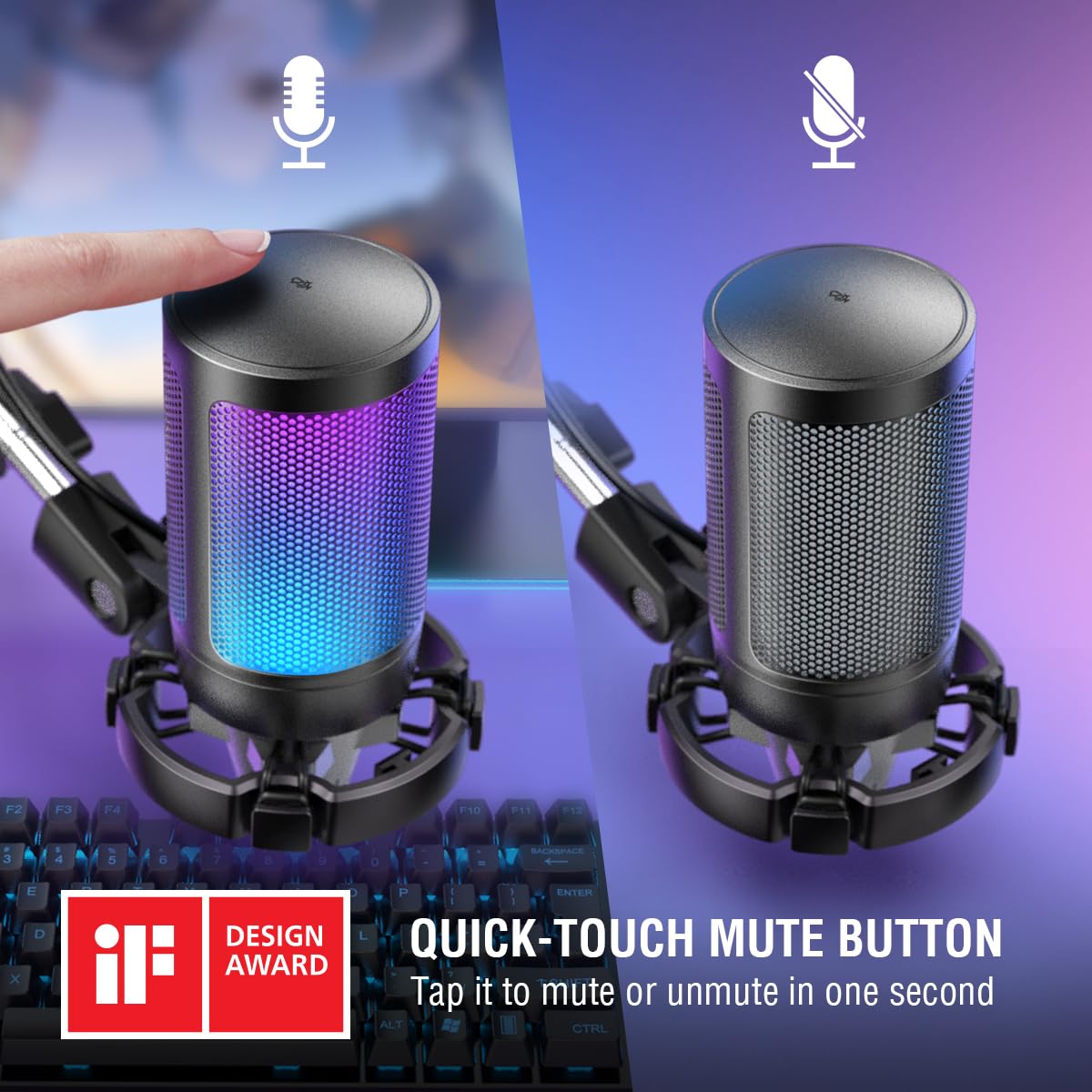 FIFINE Gaming PC USB Microphone, Podcast Condenser Mic with Boom Arm, Pop Filter, Mute Button for Streaming, Twitch, Online Chat, RGB Computer Mic for