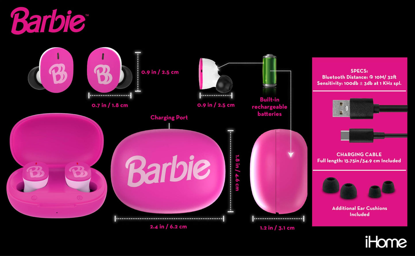 Barbie Wireless Earbuds for Kids, Bluetooth Earbuds with Charging Case