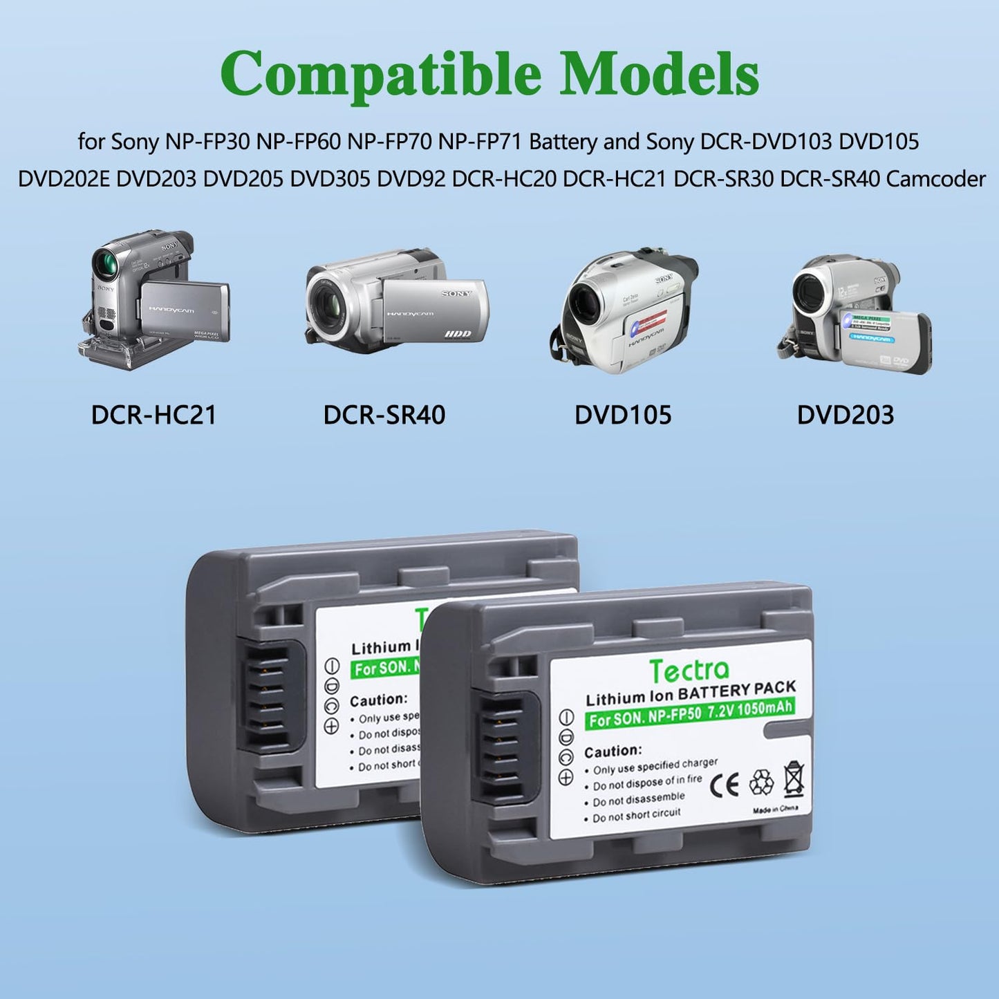 Tectra 2Pcs NP-FP50 NPFP50 Battery + Wall Charger for Sony NP-FP30, NP-FP60, NP-FP70, NP-FP90, NP-FP51 Series DCR-HC21 DCR-HC23 DCR-HC30 DVD103 DVD105