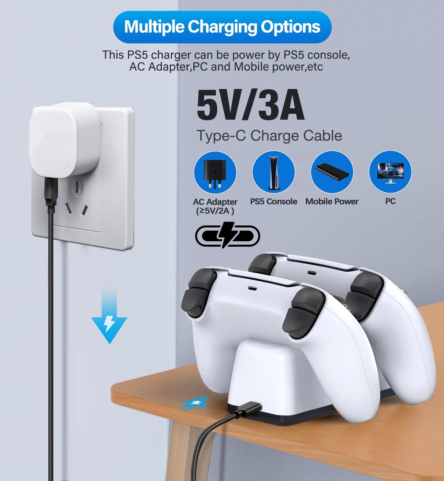 PS5 Controller Charging Station, PlayStation 5 Dualsense Charger Dock with Dual Stand, Upgrade PS5 Charger Accessory with Fast Charge Cable
