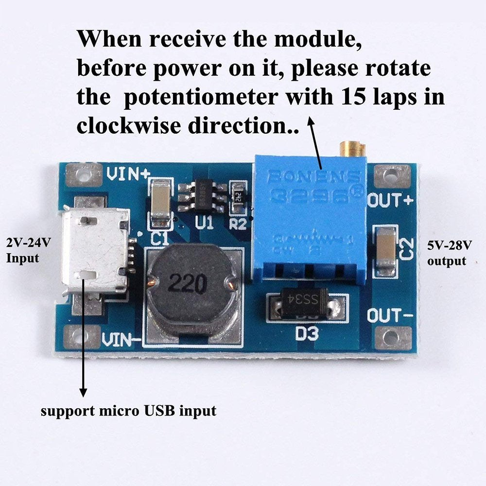 Eiechip DC-DC Step Up Converter - USB Power Module, 2V-24V to 5V-28V, 2A MT3608 Micro USB (Pack of 10)
