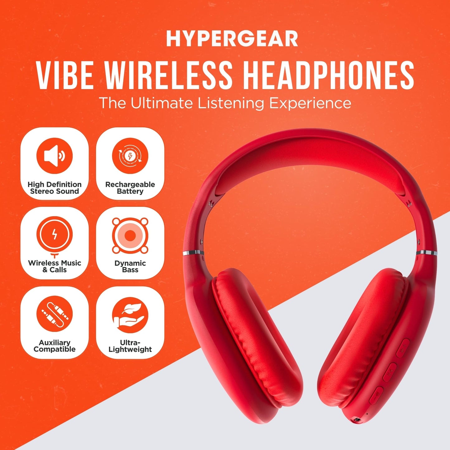 HyperGear Over-Ear Headphones - Wireless Bluetooth Headphones with Noise Isolation, Built-in Mic, Soft Memory Foam Cups for All-Day Comfort, Red