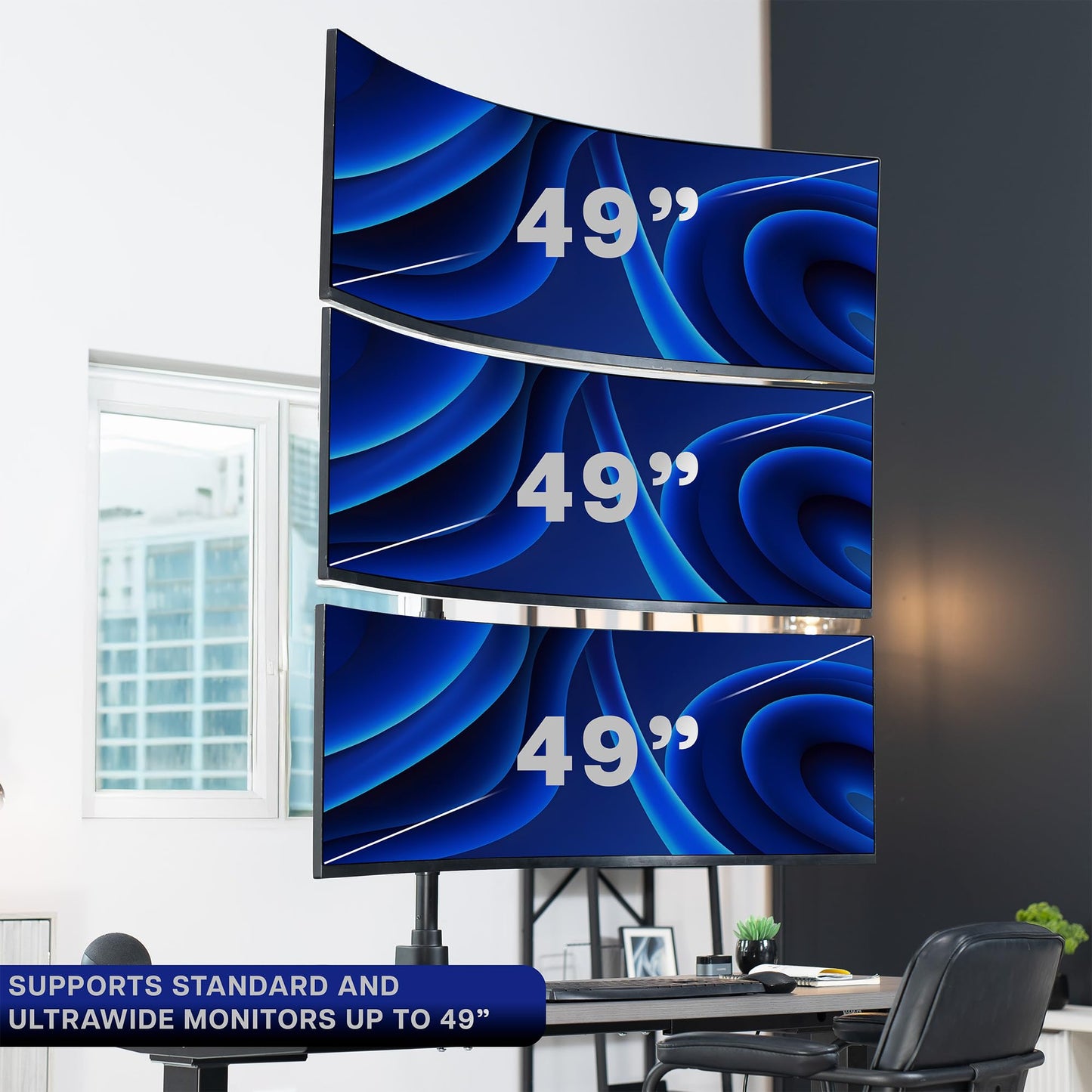 VIVO Vertically Stacked Triple Ultrawide Mount for up to 49 inch Screens, Heavy Duty Adjustable 3 Ultra-Wide Stand, 44 lbs Capacity Per Screen, Black