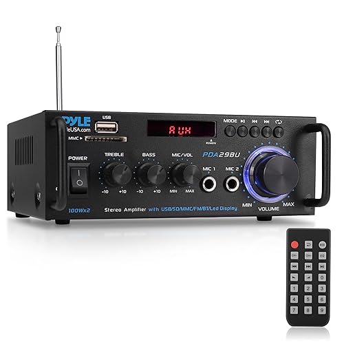 Pyle 200W Stereo Power Amplifier with Bluetooth - Dual Channel Audio Receiver - LED Display - RCA - USB - SD - MIC IN - FM Radio - AUX Input - Perfect