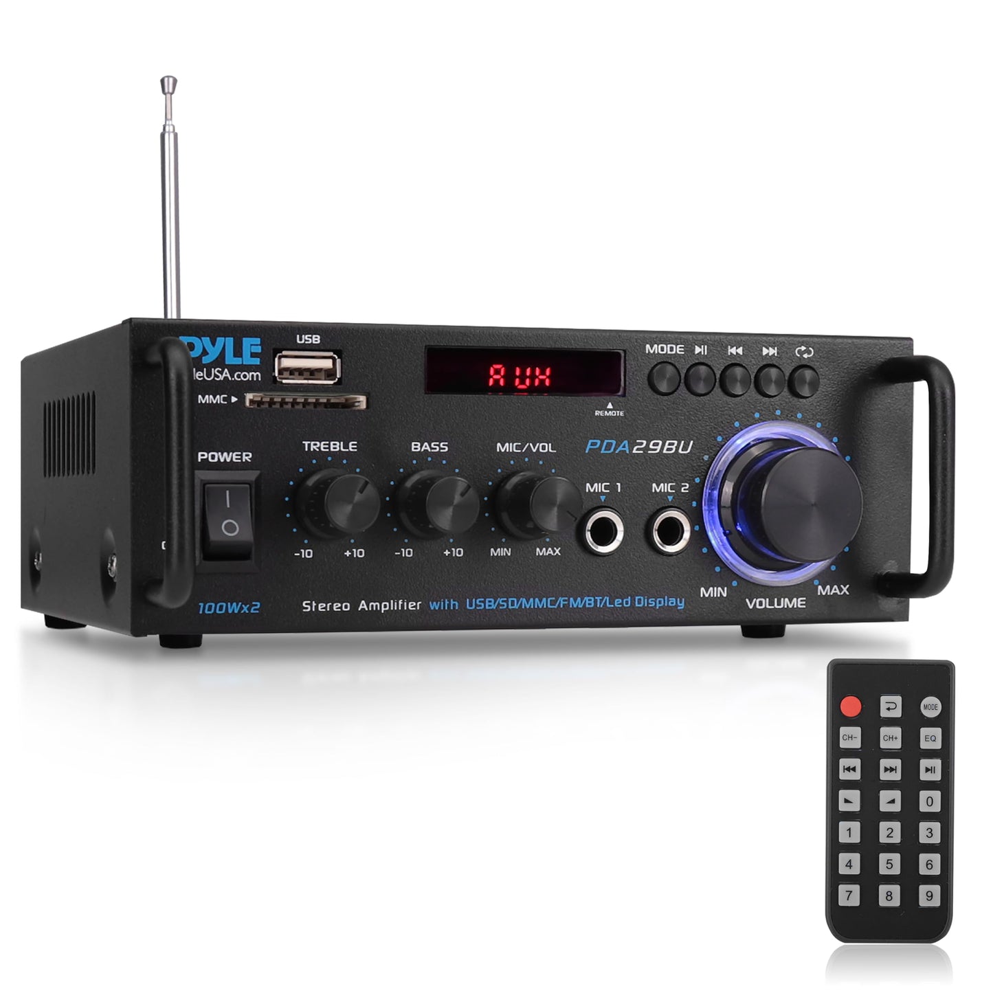 Pyle 200W Wireless Bluetooth Stereo Power Amplifier - 2-Channel Audio Receiver with RCA - USB - SD - MIC IN - FM Radio - Remote Control - AUX Input