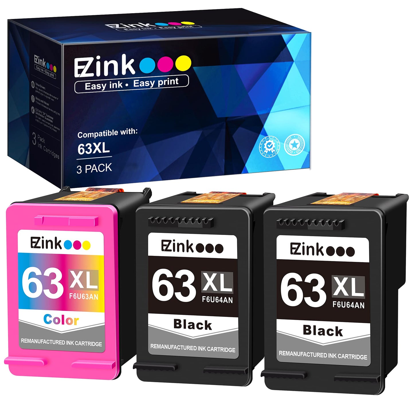E-Z Ink (TM Remanufactured Ink Cartridge Replacement for HP 63XL 63 XL to use with Officejet 3830 5255 4650 3833 Envy 4520 Deskjet 1112 3637 3630 3634
