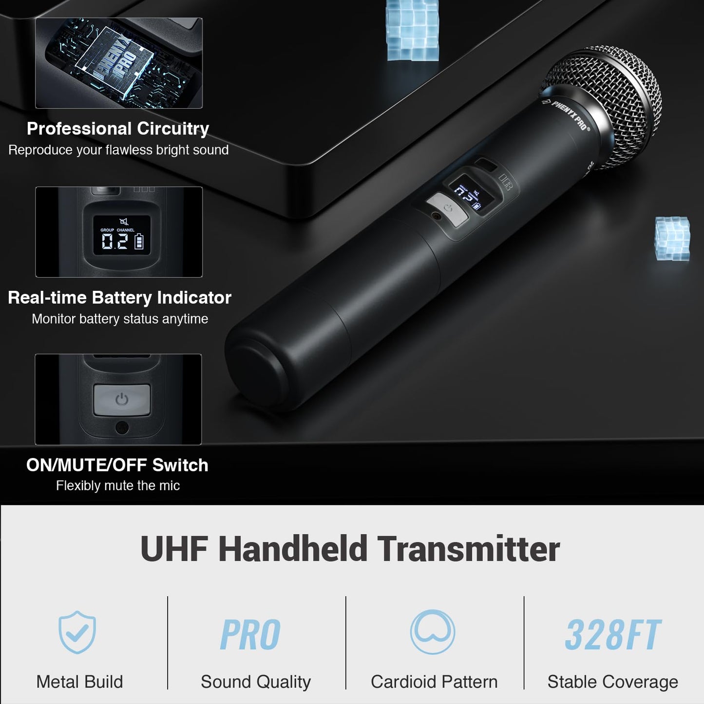 Phenyx Pro Wireless Microphone System, Dual Mic Set with Handheld/Bodypack/Lapel Mics,Auto Scan, 2x100 UHF Frequencies,328ft Range,Cordless Microphone