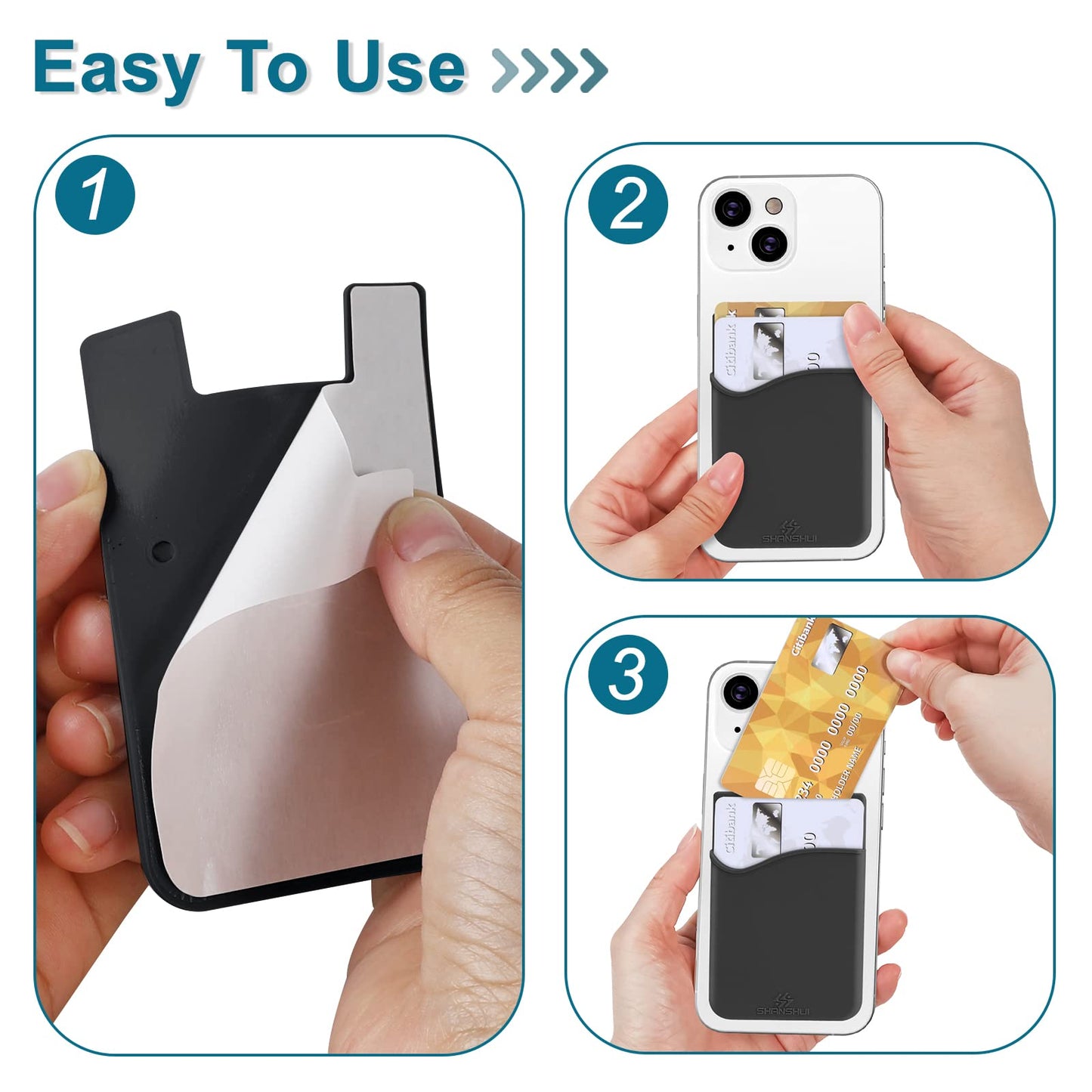 SHANSHUI Card Holder for Phone, Adhesive Phone Wallet Credit ID Business Card Holder Silicone Pocket Stick on Compatible with iPhone & All Smartphones