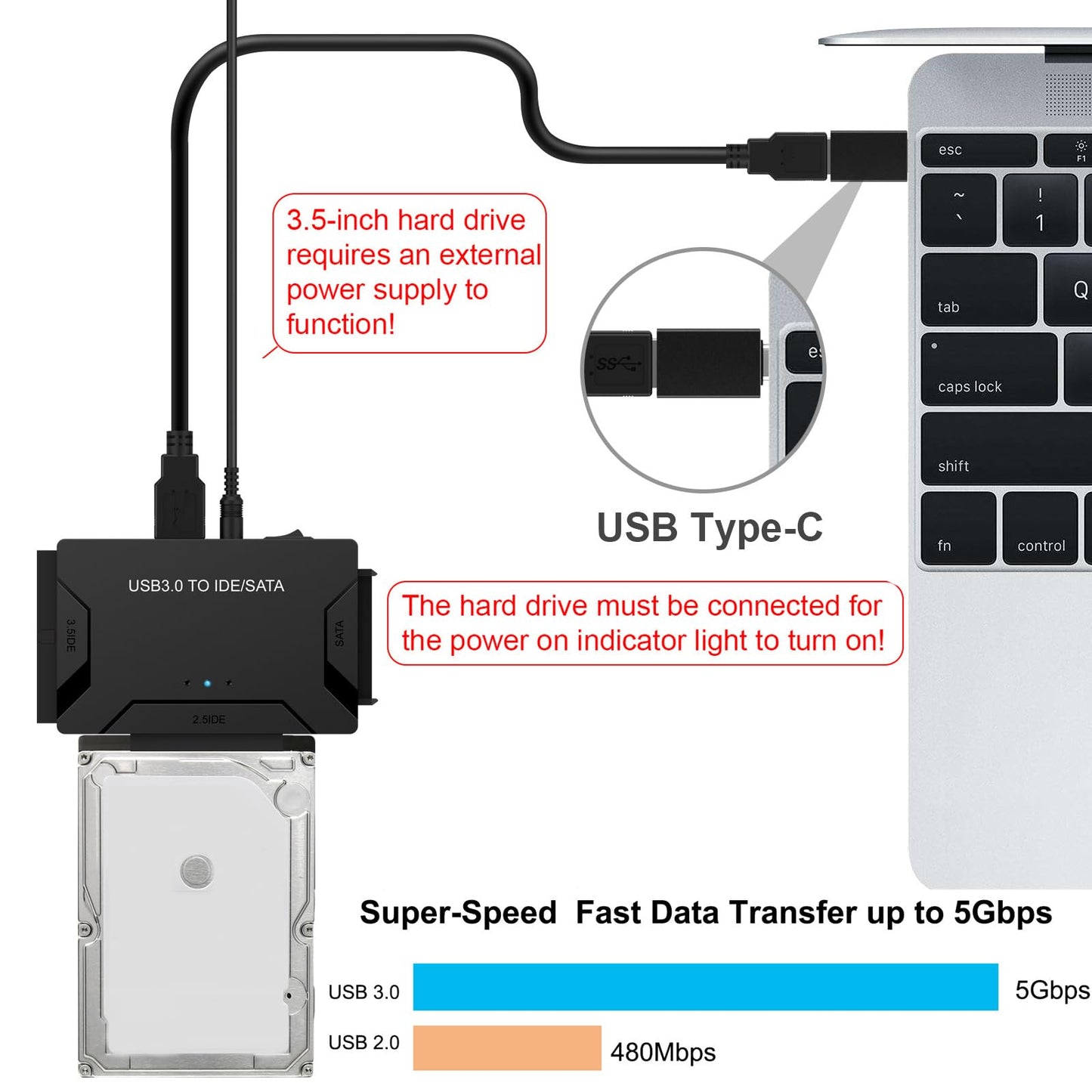 EYOOLD USB 3.0 to SATA IDE Adapter, Hard Drive Reader External Ultra Recovery Converter Compatible with 2.5" 3.5" HDD, SSD,5.25-inch DVD/CD-ROM