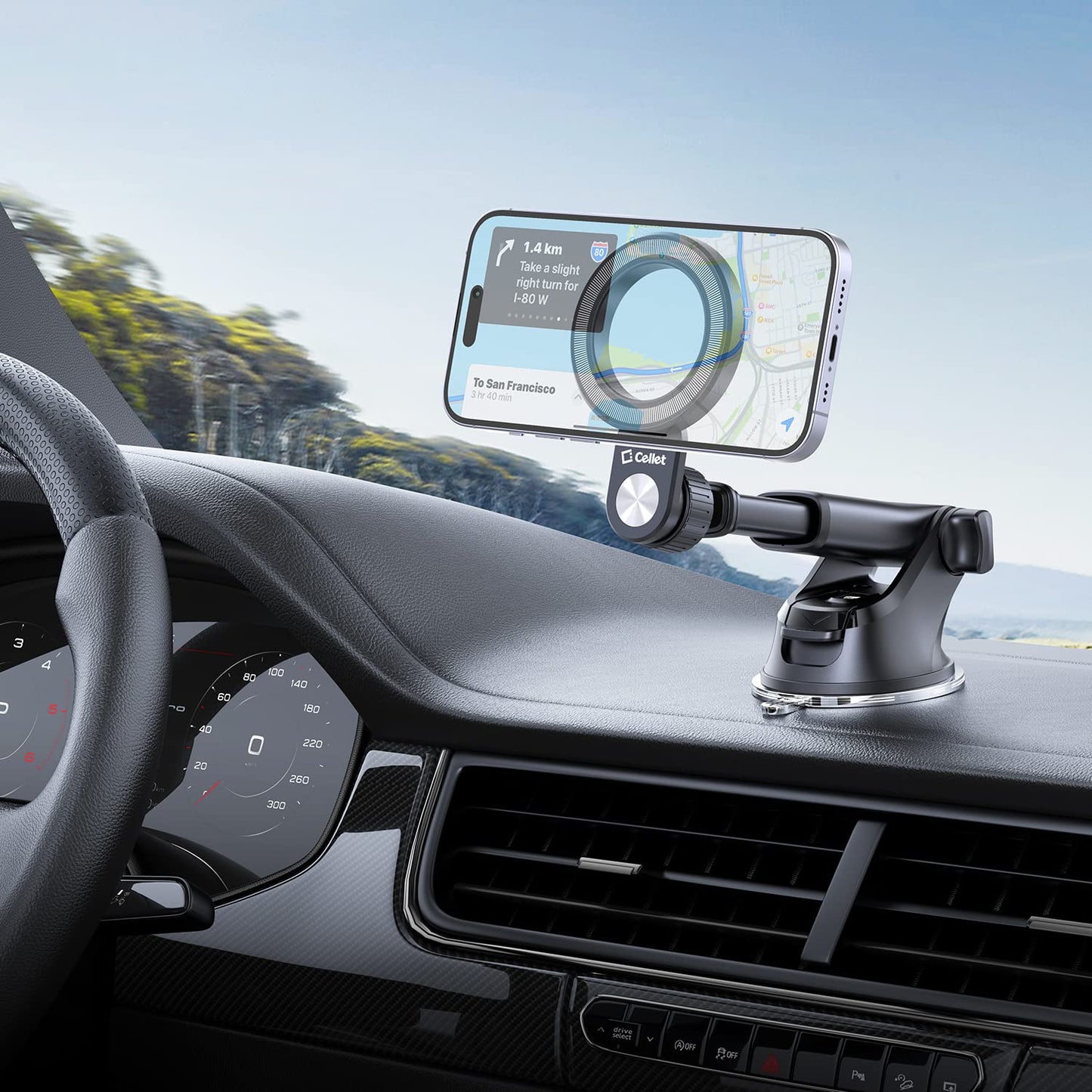 Cellet Magnetic Car Phone Mount with Strong N52 Magnets - 360° Rotation, Telescopic Arm, Reusable Suction Cup - Dashboard & Windshield Holder