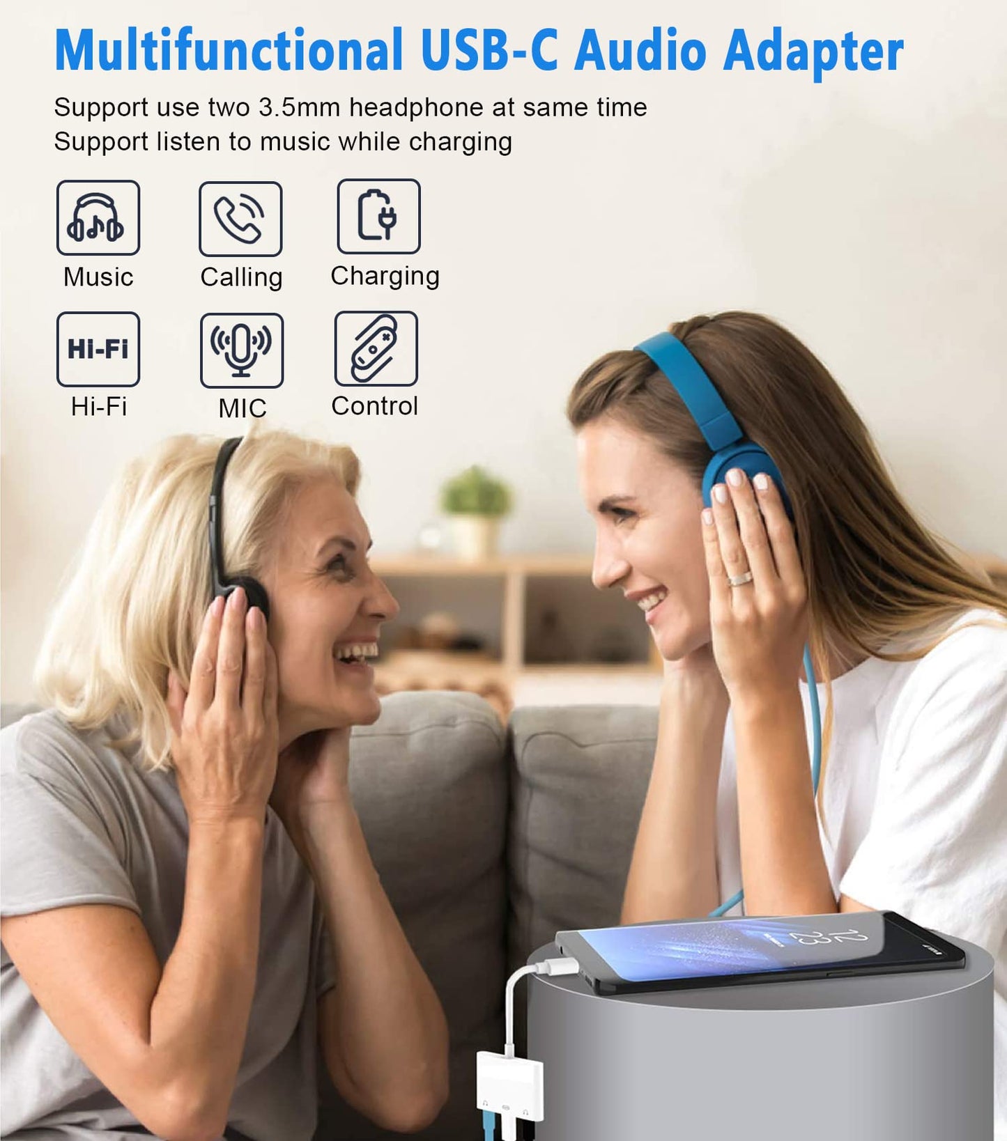 SkySmile USB C to 3.5mm Audio Adapter, Aux Headphone Jack Splitter with Fast Charging Port, Type-C to Dual Earphone Converter