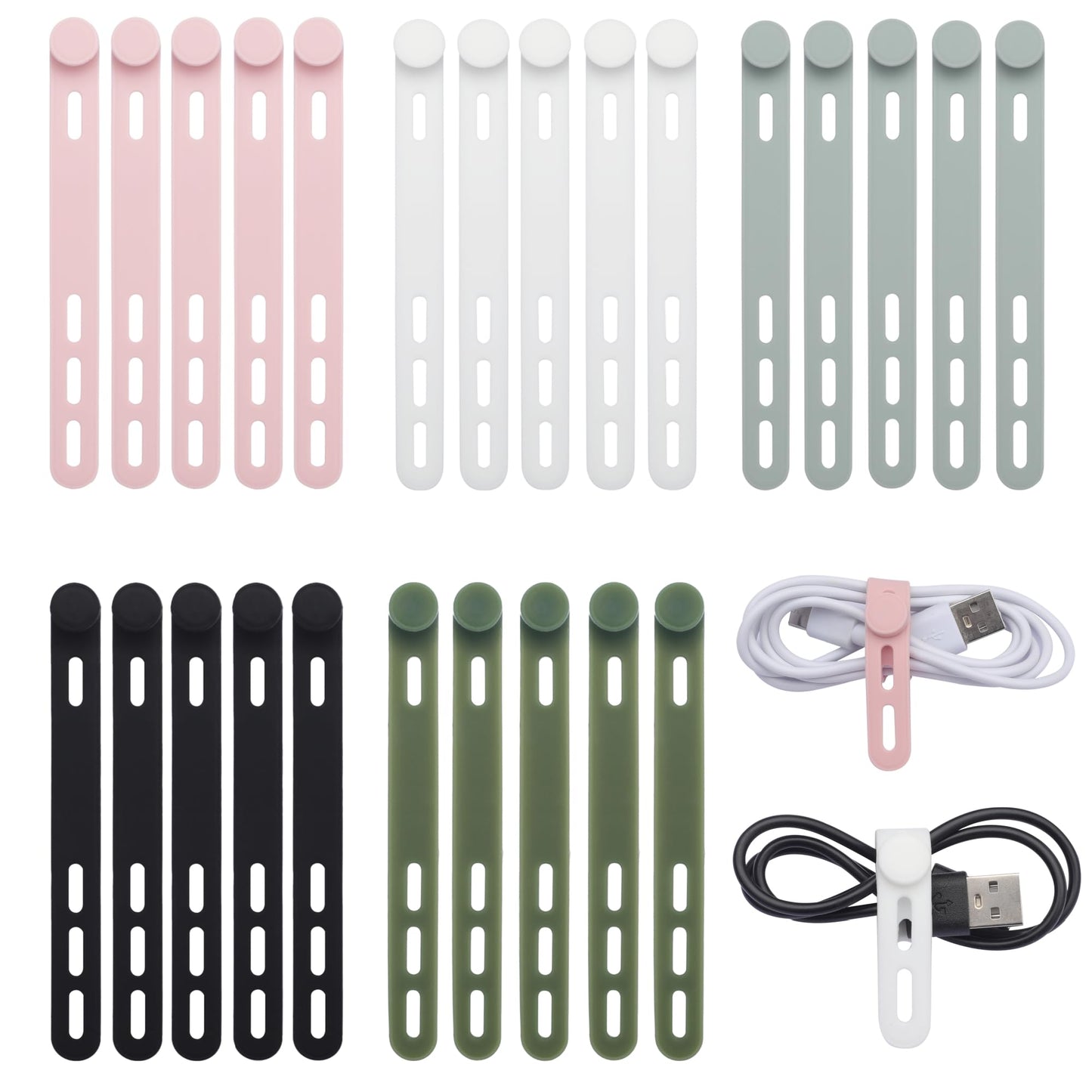 25 Pcs Silicone Cable Ties, Reusable Cord Organizers, Umbrellas Wraps & Cable Ties for Wires and Charging Cords Management - Home, Office, Kitchen
