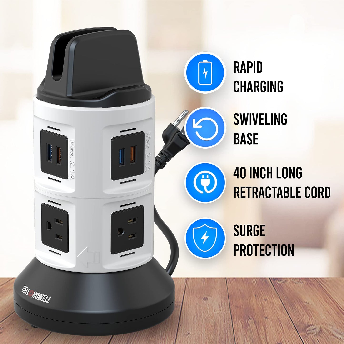 Bell+Howell Spin Power Strip Tower Surge Protector - 4 Outlets, 6 USB Ports, 40" Retractable Cord, 360° Rotation | Electric Charging Station