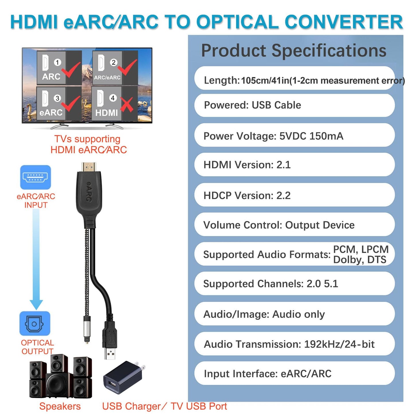 192KHz HDMI eARC/ARC to Optical Audio Converter for TV to Soundbar, Plug & Play 3.4ft/1.05m eARC to Optical Cable Audio Extractor Adapter Splitter