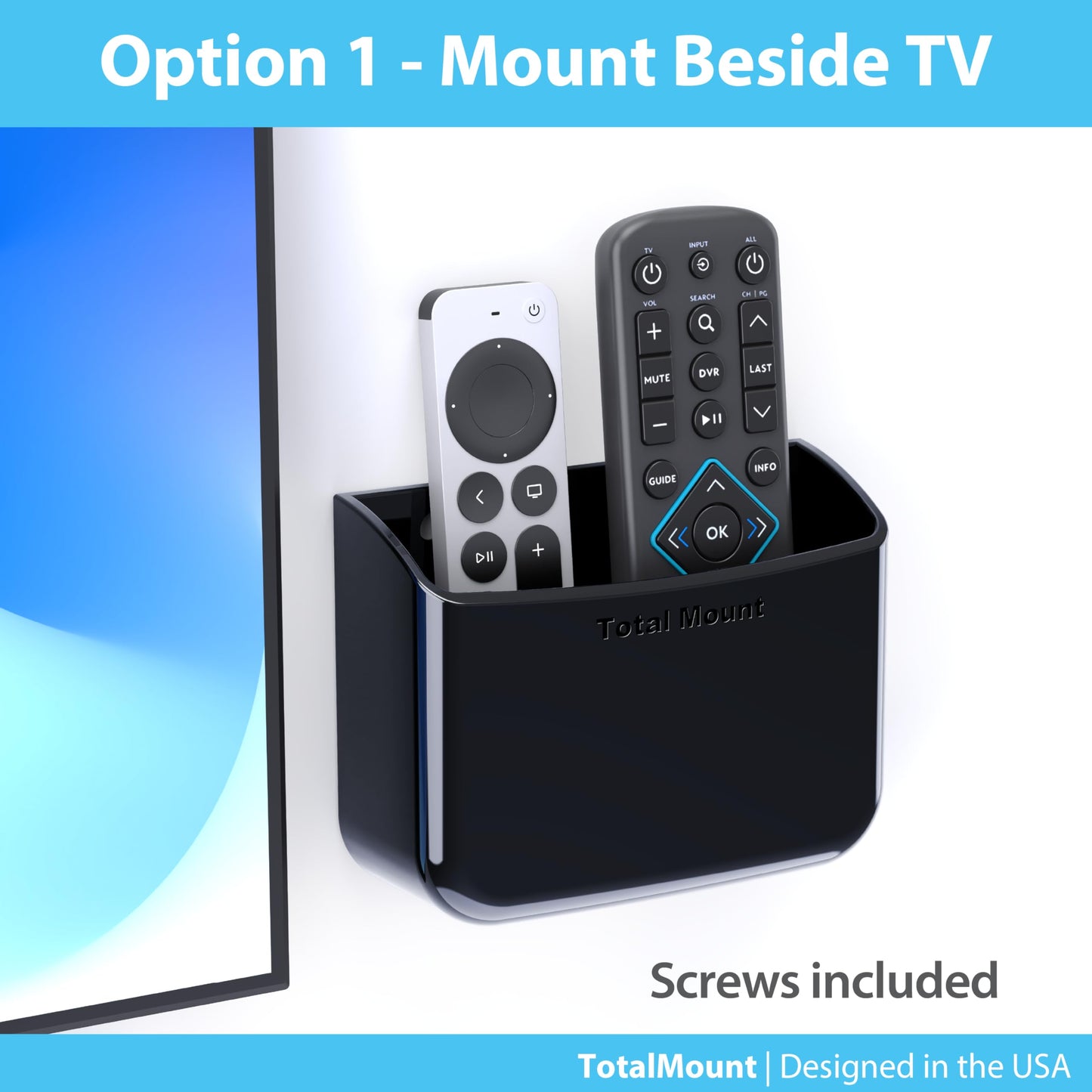 TotalMount Universal Remote Control Holder - Attaches to Wall or Back of TV - Compatible with All TV Remotes (Premium Black, Large Two Pack)