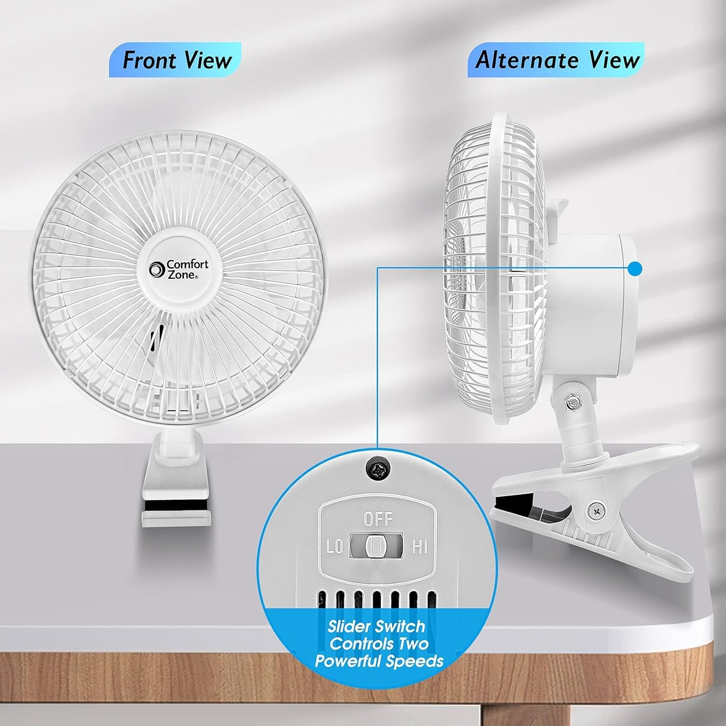 Comfort Zone 6-Inch Corded Clip-On Personal Fan - 2-Speed Quiet Desk Fan with 360° Rotation, Fully Adjustable Tilt & Secure Strong Clamp - Mini Air