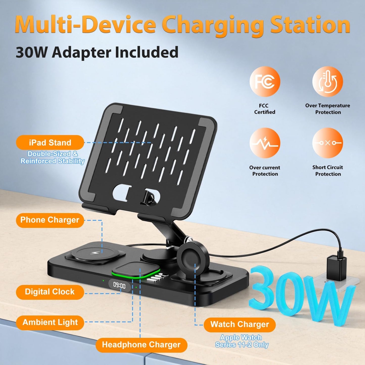 30W Charging Station for Apple Products, Foldable Wireless Charger with Clock Display&7 Color Light, Wired Charging for iPad/Tablet Charging Station