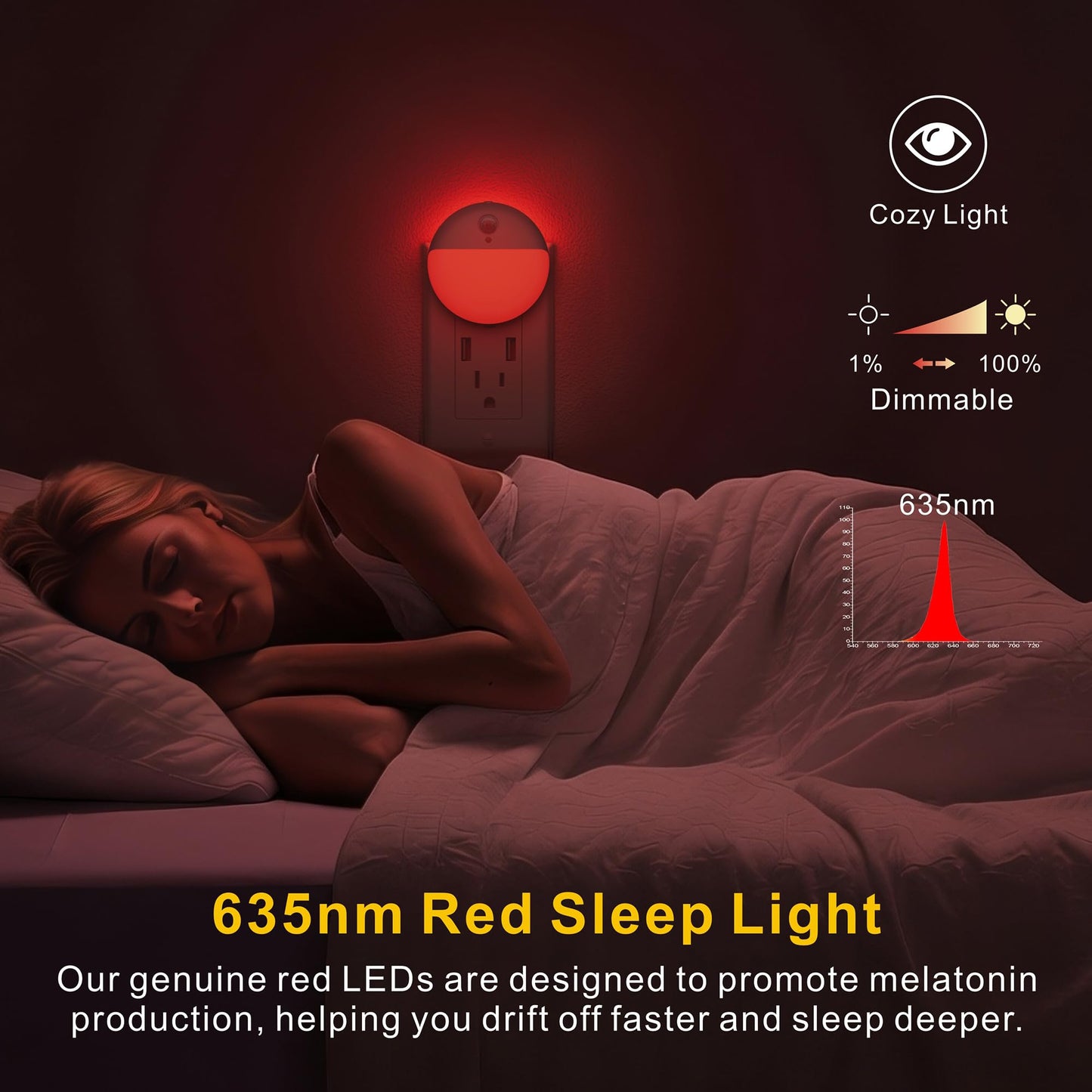 YUNLEX 2 Pack Plug in Red Sleep Night Light with Motion Sensor and Dusk to Dawn Sensor, 3 Modes, Soft Glow, 0% Blue Light True Red, Dimmable, LED