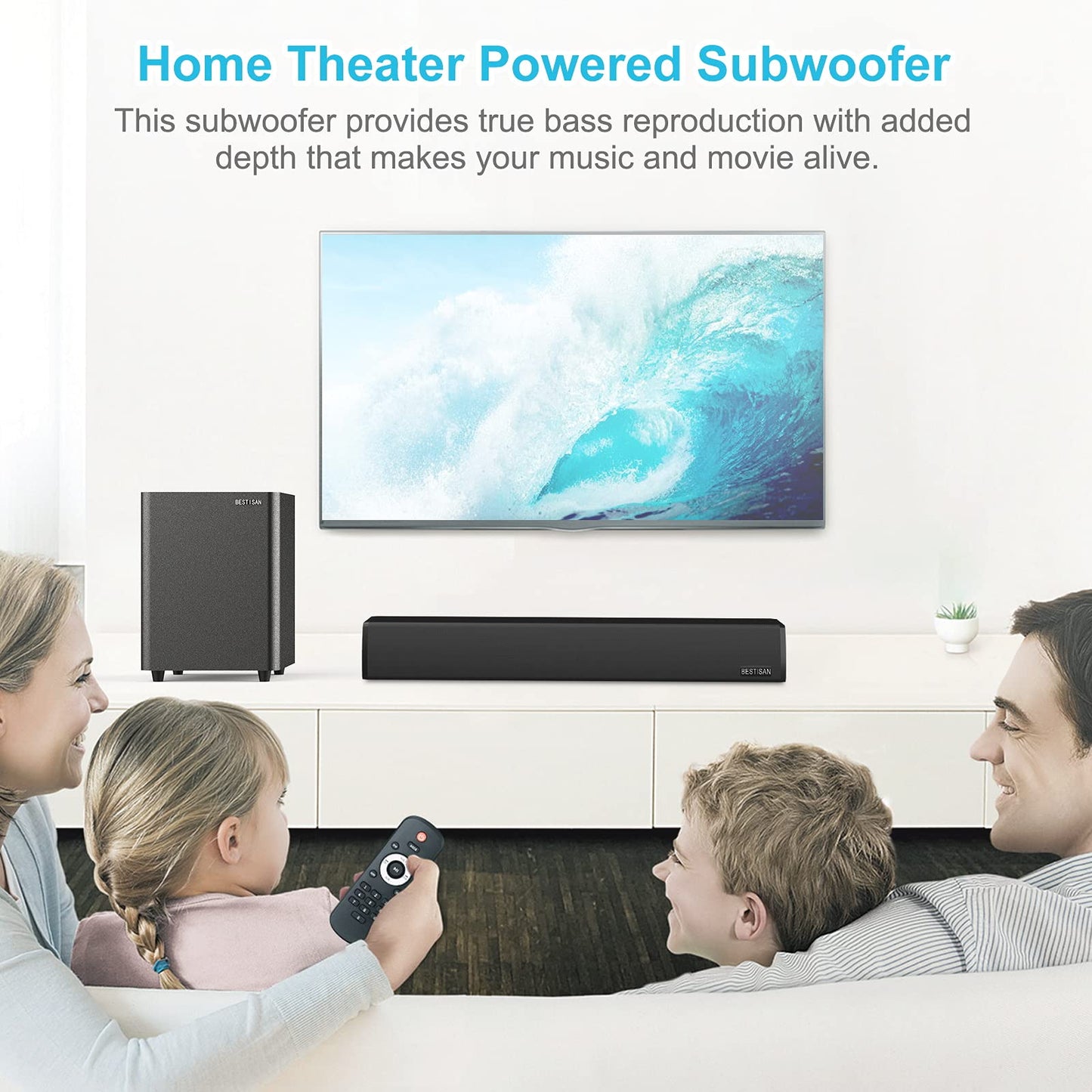 BESTISAN Powered Subwoofer, Deep Bass Sub, Down Firing Subs, Easy Setup with Home Theater System, Receiver, Speakers, Coaxial Cable Included, RCA