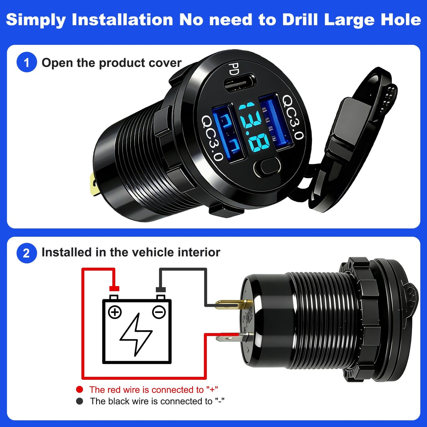 12V USB Dual Port Quick Charge 3.0 and PD3.0 USB-C Car Charger Socket 12V Power Outlet Cigarette Lighter Replacement DIY Kit with Voltage Meter