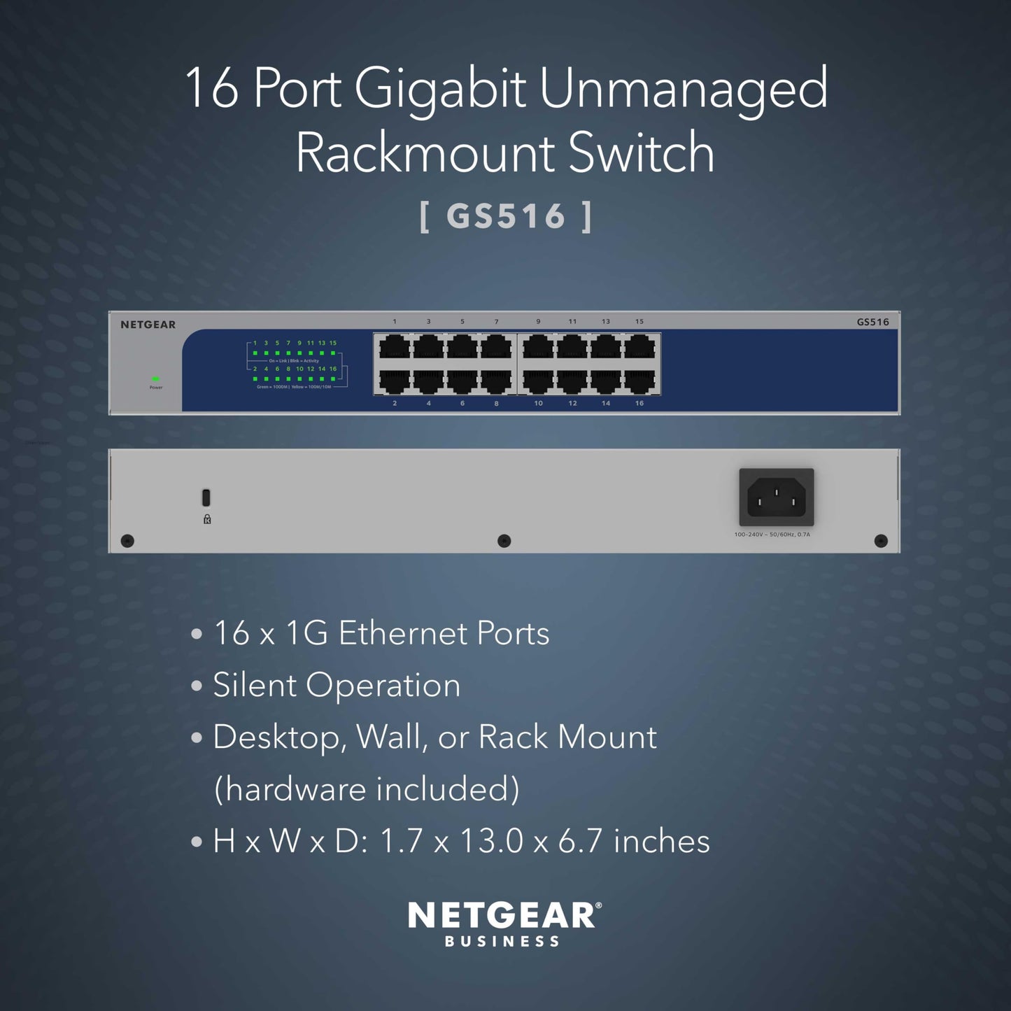 NETGEAR 16-Port Gigabit Ethernet Unmanaged Switch (GS516) - Desktop, Wall, or Rackmount, and Limited Lifetime Protection
