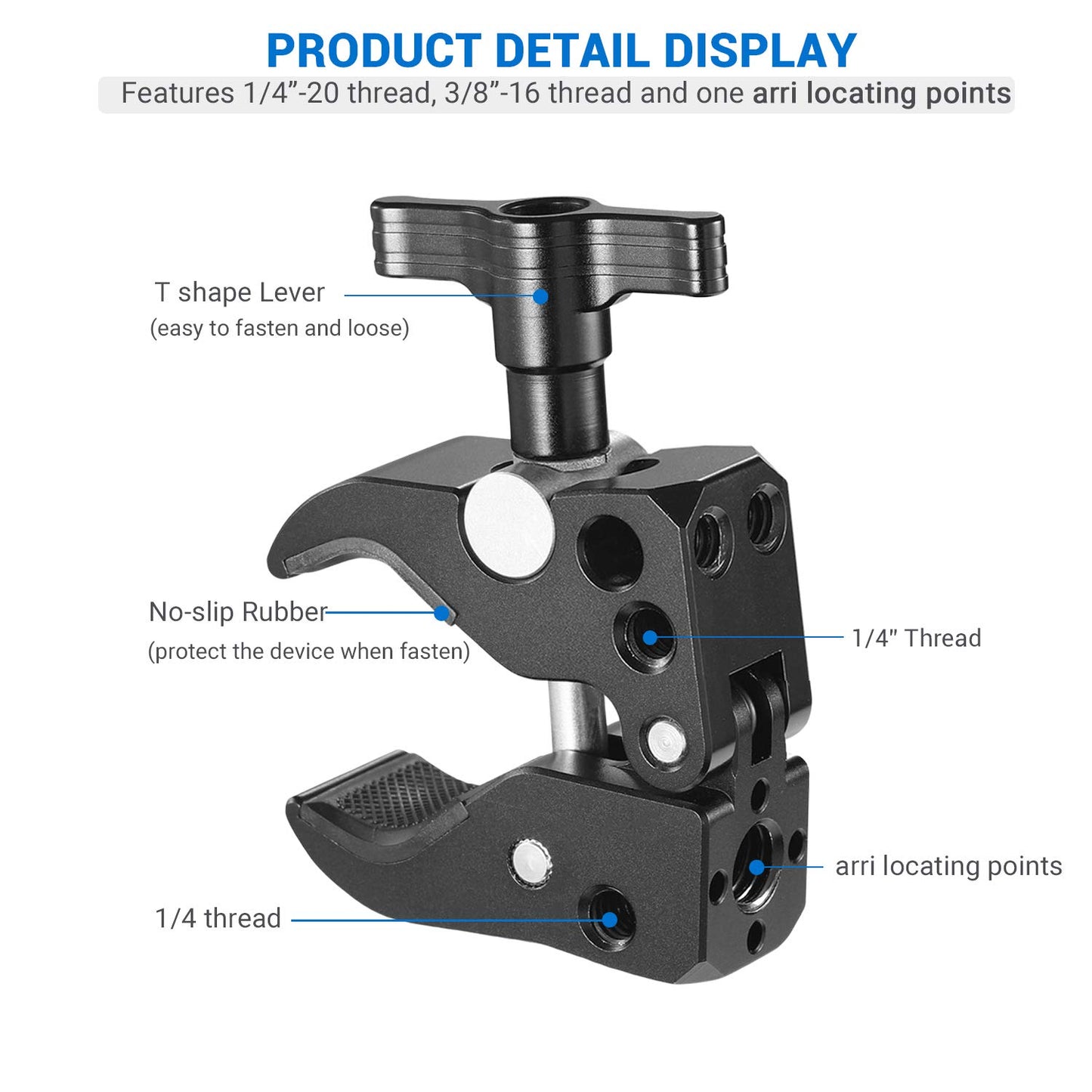 SMALLRIG Super Clamp with 1/4"-20 Thread Holes, 3/8"-16 Locating Pin for ARRI Standard, T-Shaped Wingnut and Rubber Pads
