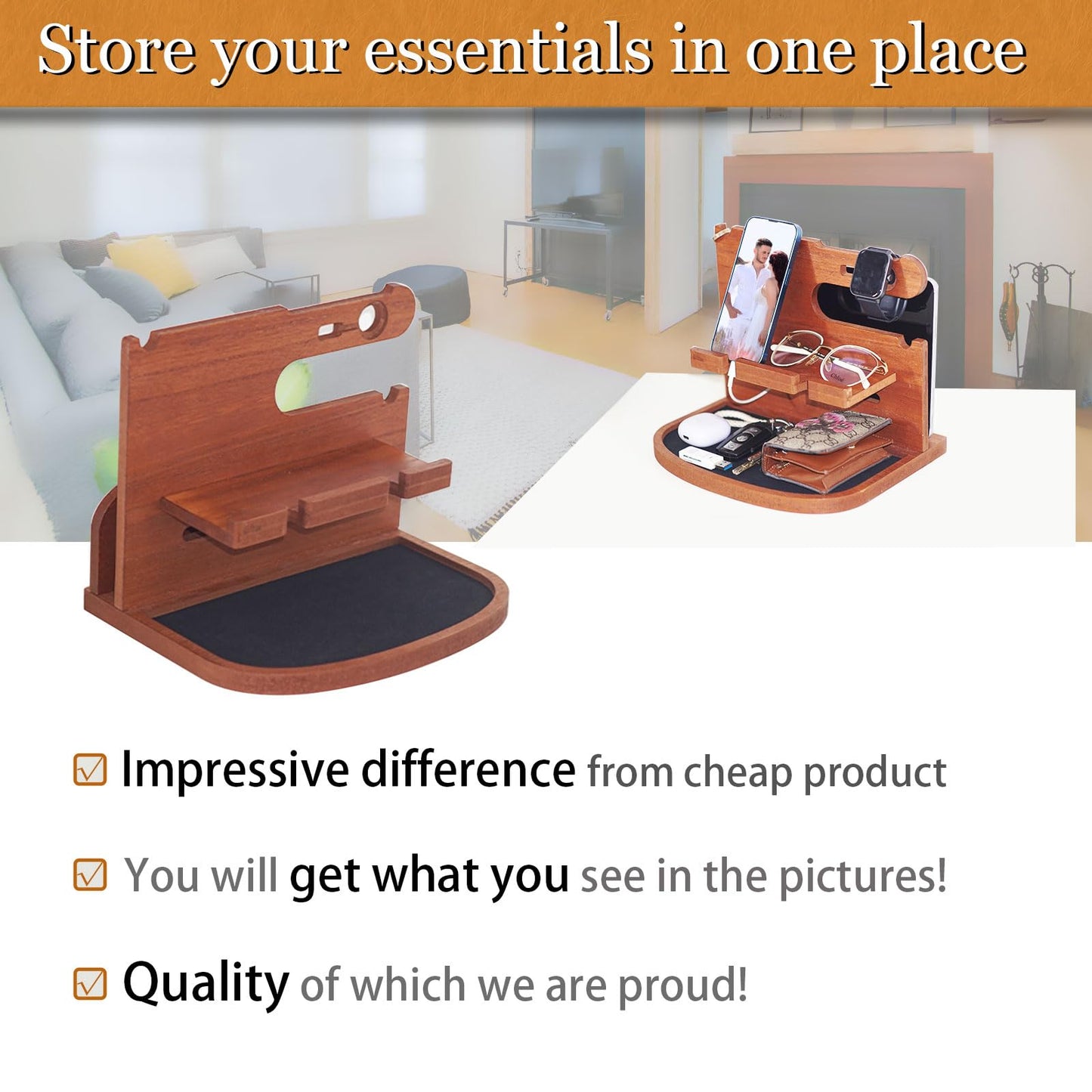 Krismax Wood Phone Docking Station for Men,Husband,Dad-Nightstand&Desk Organizer-Anniversary from Wife-Key Watch&Essentials