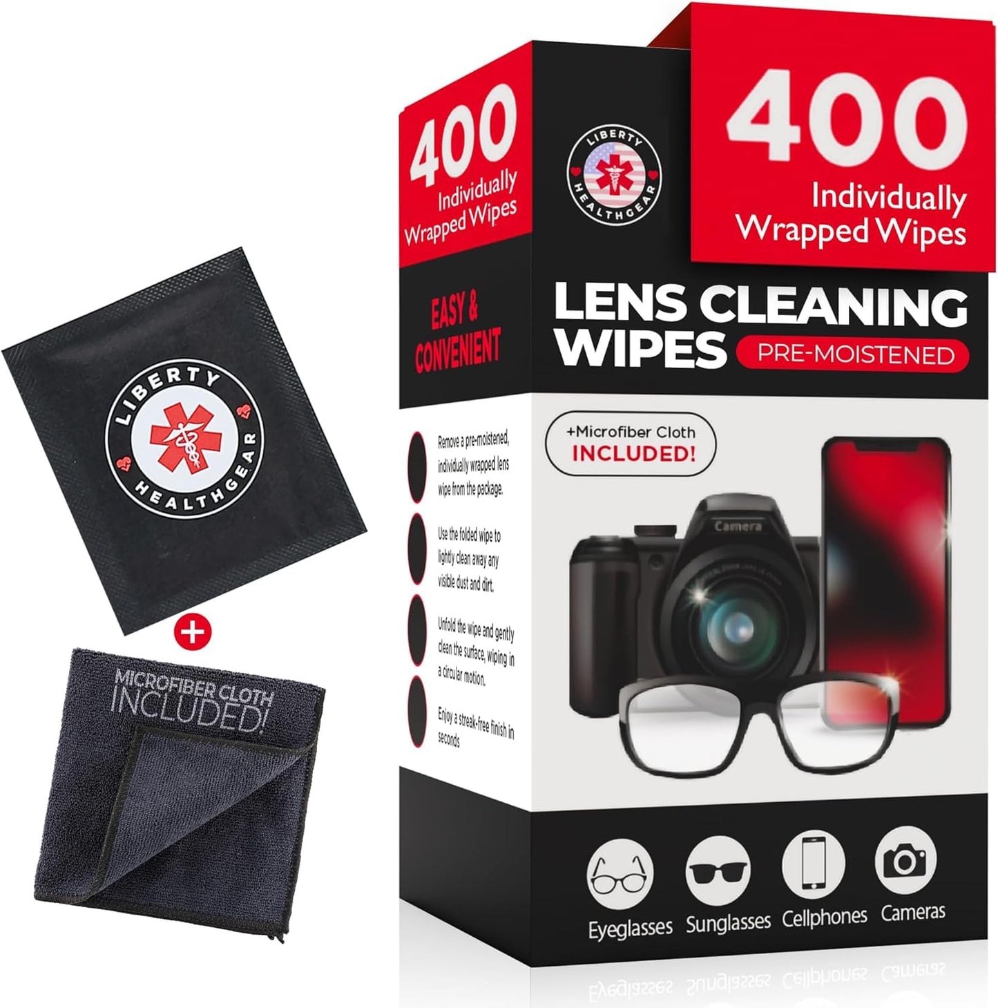 400 Eyeglass Cleaning Wipes + Microfiber Cloth for Eyeglasses & Lens Cleaner | Pre-Moistened, Individually Wrapped, Less Alcohol Formula | Lens Wipes