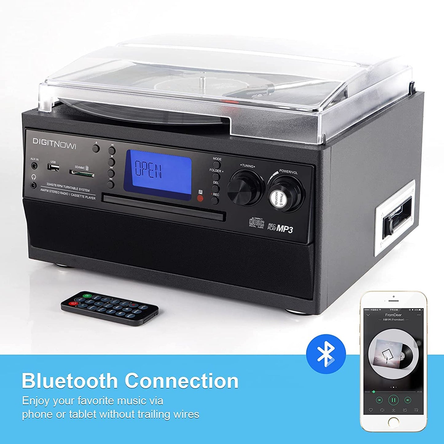 DIGITNOW Bluetooth Record Player Turntable with Stereo Speaker, LP Vinyl to MP3 Converter with CD, Cassette, Radio, Aux in and USB/SD Encoding, Remote