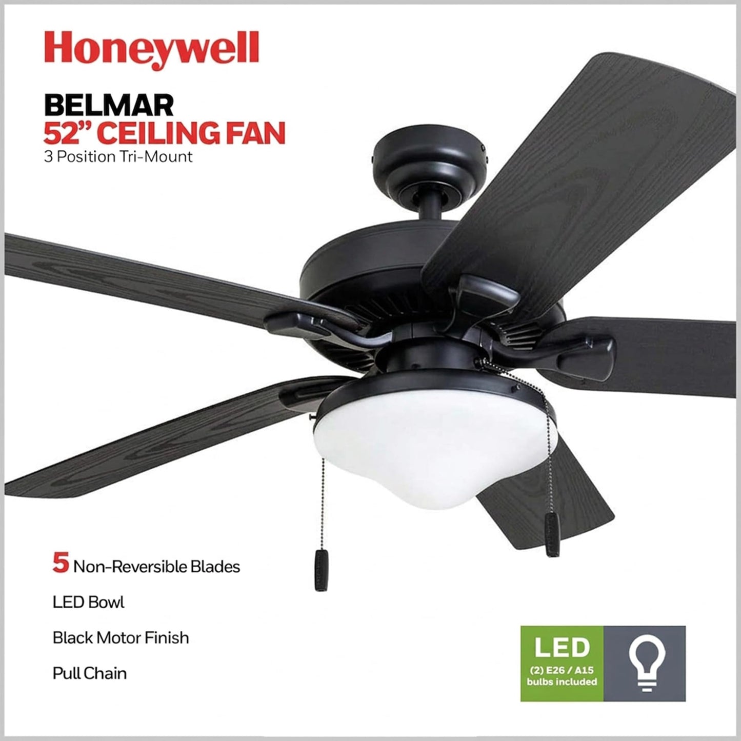 Honeywell Ceiling Fans Belmar 52 Inch Ceiling Fan With Light, Indoor/Outdoor Ceiling Fan with Pull Chain, LED Tri-Mount 5 Blade Design, ETL Damp