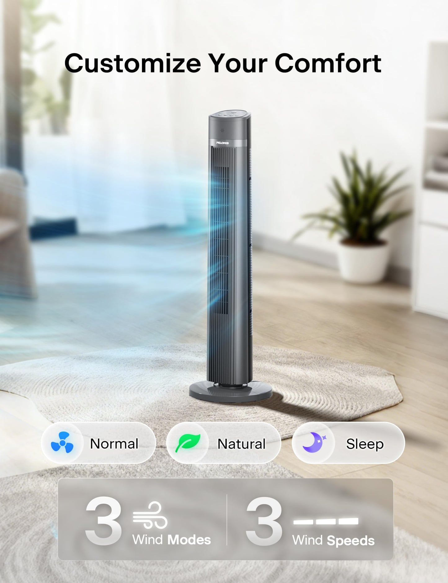 PELONIS 40-inch Bladeless Tower Fan for Bedroom, Standing Fan with Remote Control, 26ft/s, 90° Oscillation, 3 Speed Settings, 27 dB, 3 Modes, 15-Hour