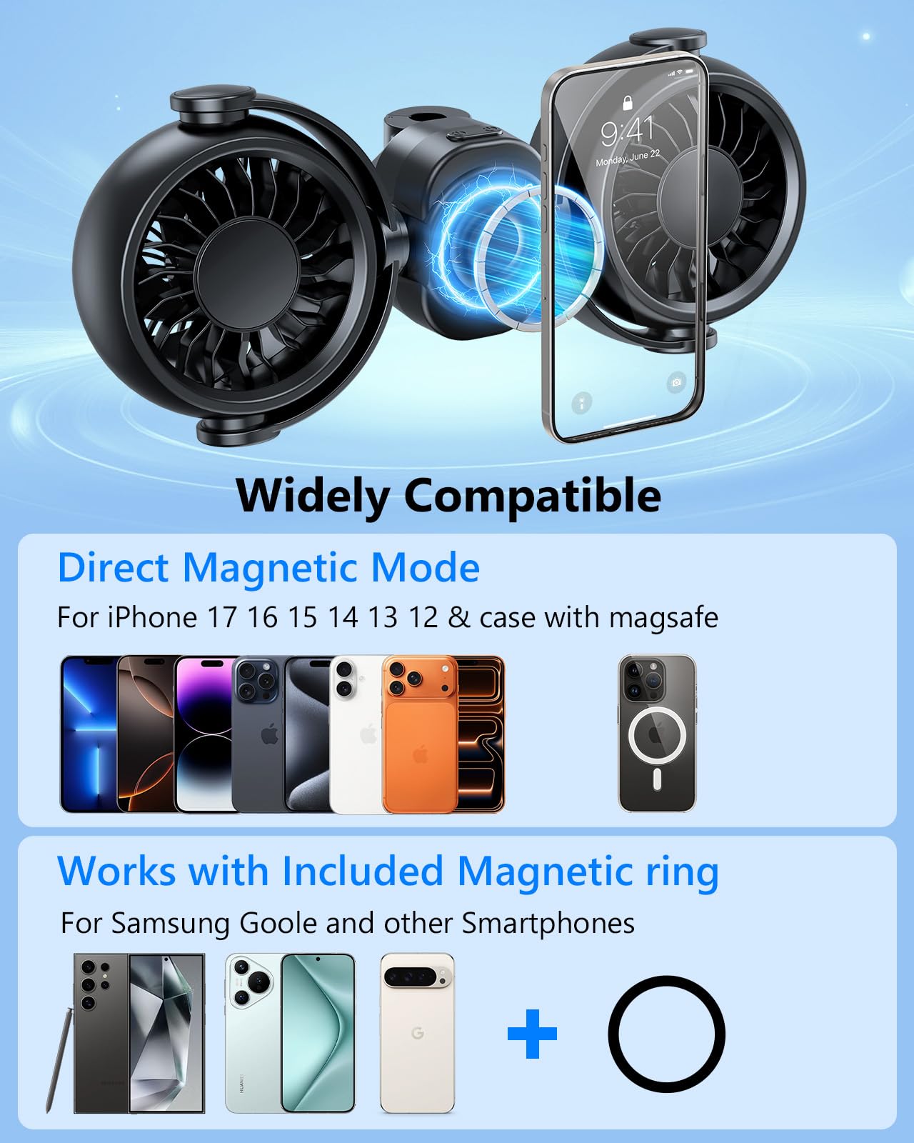 xuenair 2-in-1 4000mAh Rechargeable Car Fan with Magnetic Phone Holder