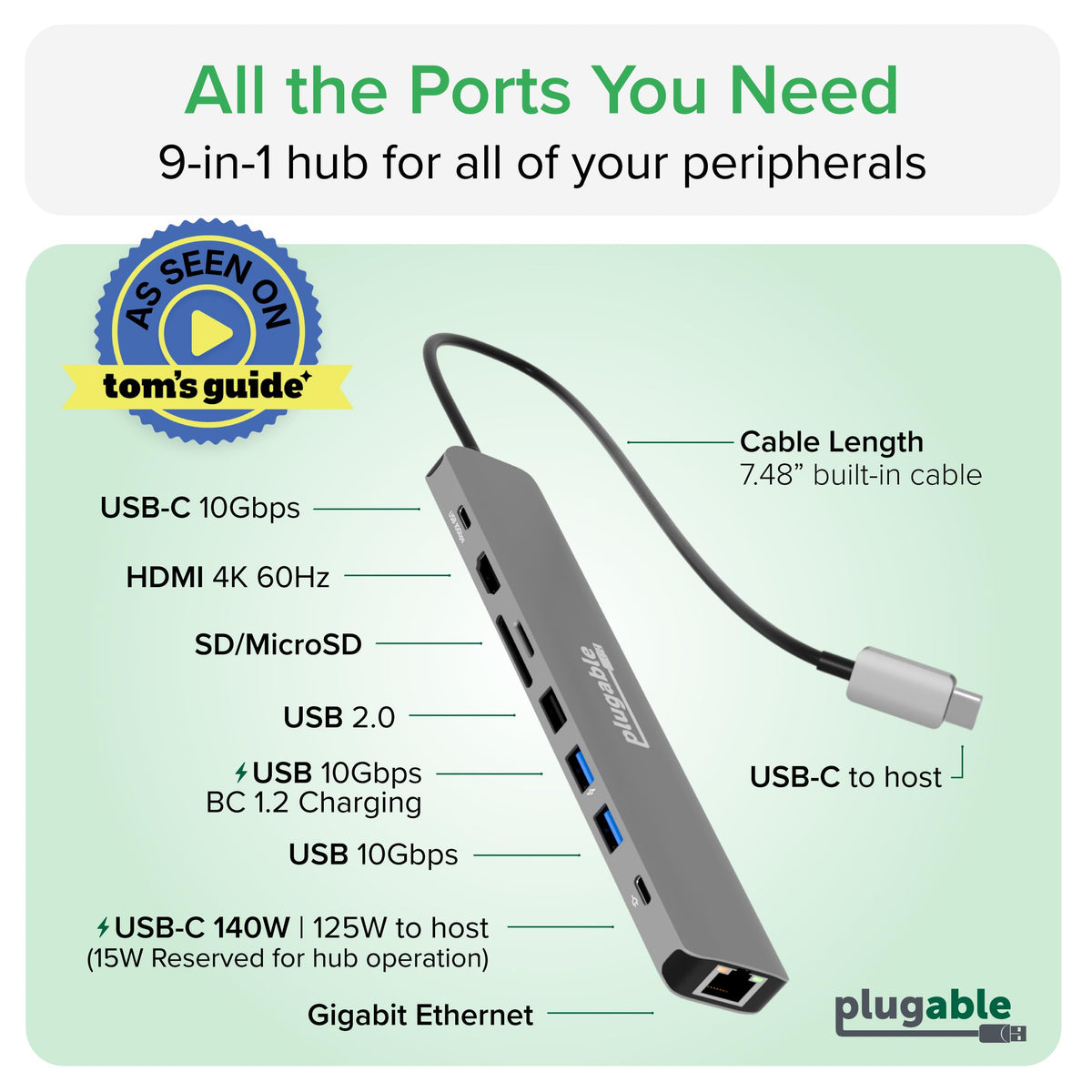 Plugable USB C Hub Multiport Adapter: 9-in-1 with 140W PD Charging