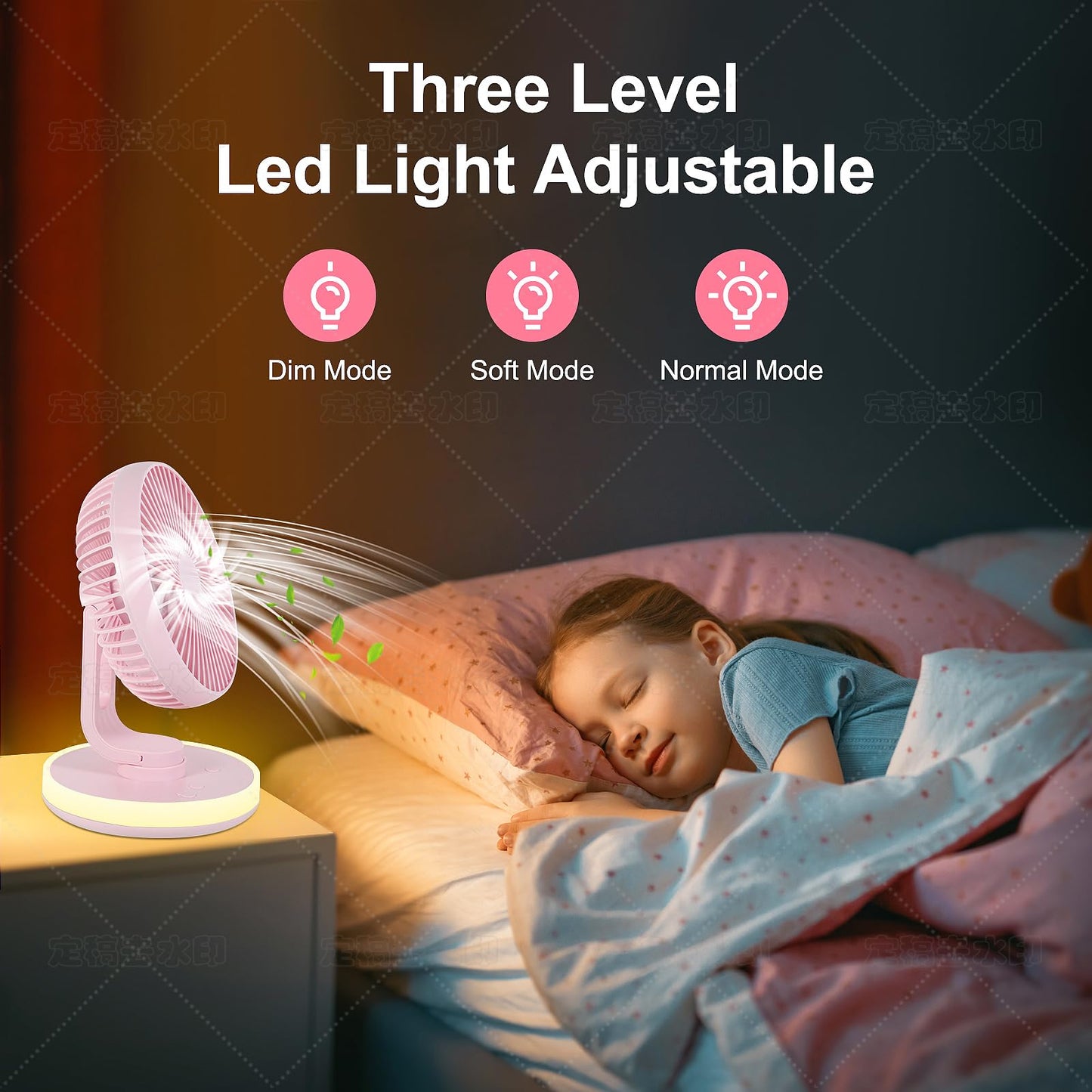 MAWFOZIN Small Desk Fan With Night Light, Auto Oscillating Table Fan With 3000mAh Rechargeable Battery, USB Personal Fan With 4 Speeds Wind