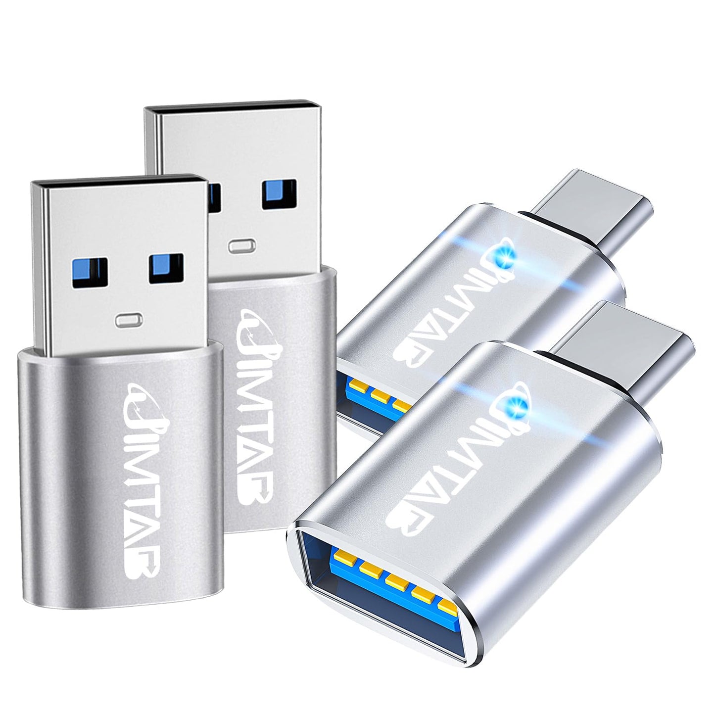 JIMTAB USB to USB C Converters (Aluminum Alloy 4 Pack), USB C to USB Chargers Adapter USB 3.0 with Blue Light Super High-Speed Data Transfer & FastâŠ