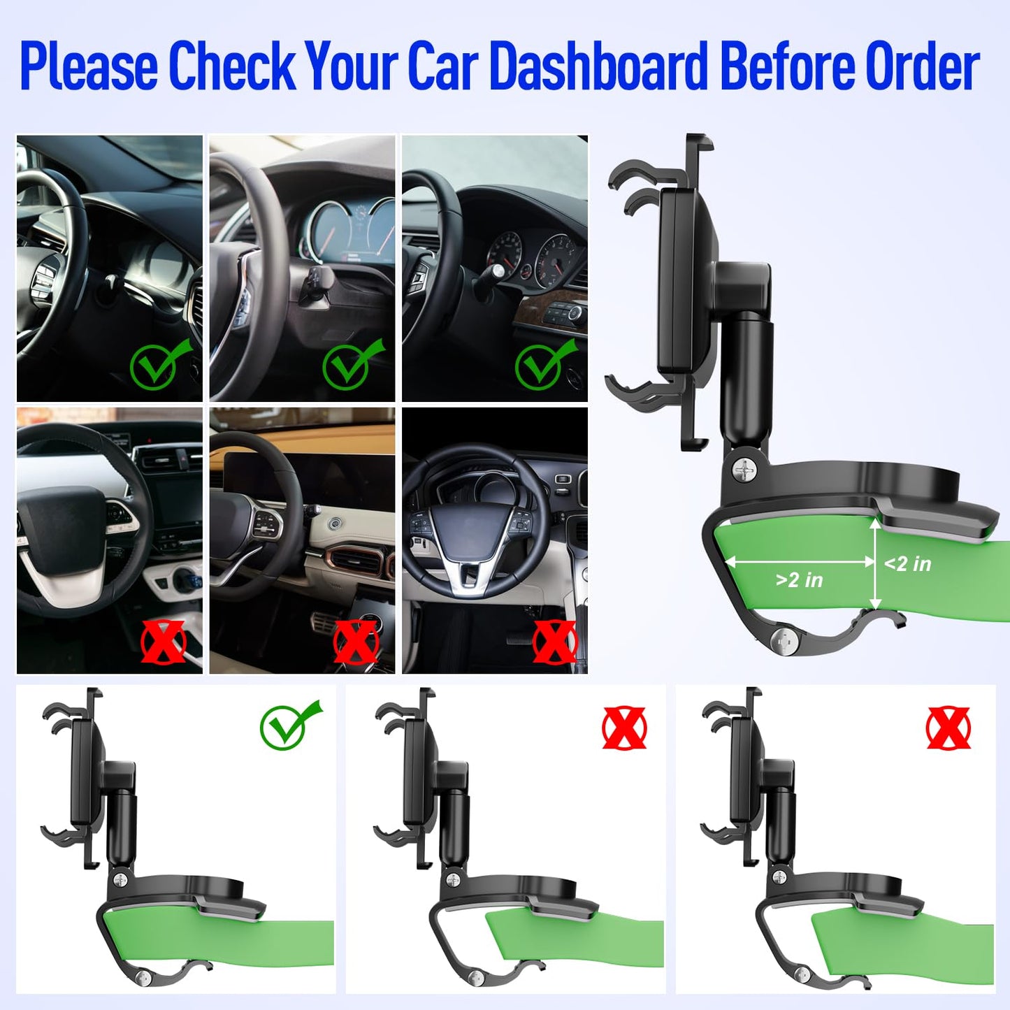 HYTAMY Car Phone Holder, Clip-on Smartphone Holder, 360° Rotation Dashboard Phone Holder, Car Phone Mount Compatible with 4.3-7.6“ Smartphones (NOT