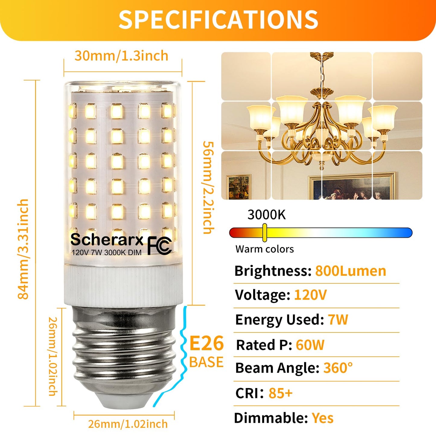 SCHERARX 3 Pack E26 LED Bulb 60 Watt Equivalent, Dimmable Corn Light Bulb, Warm White 3000K, 7W 120V, 800LM, for Indoor Light