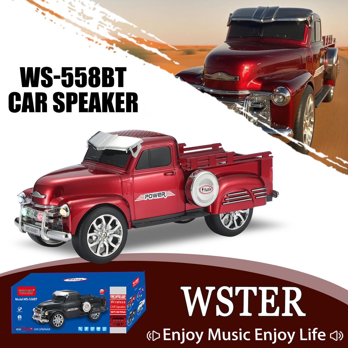WS-558 Cool Pickup Truck Design Replica Speaker, Portable Wireless Car Model Bluetooth Speaker with HD Sound, TWS, FM Radio, USB/TF Playback, LED