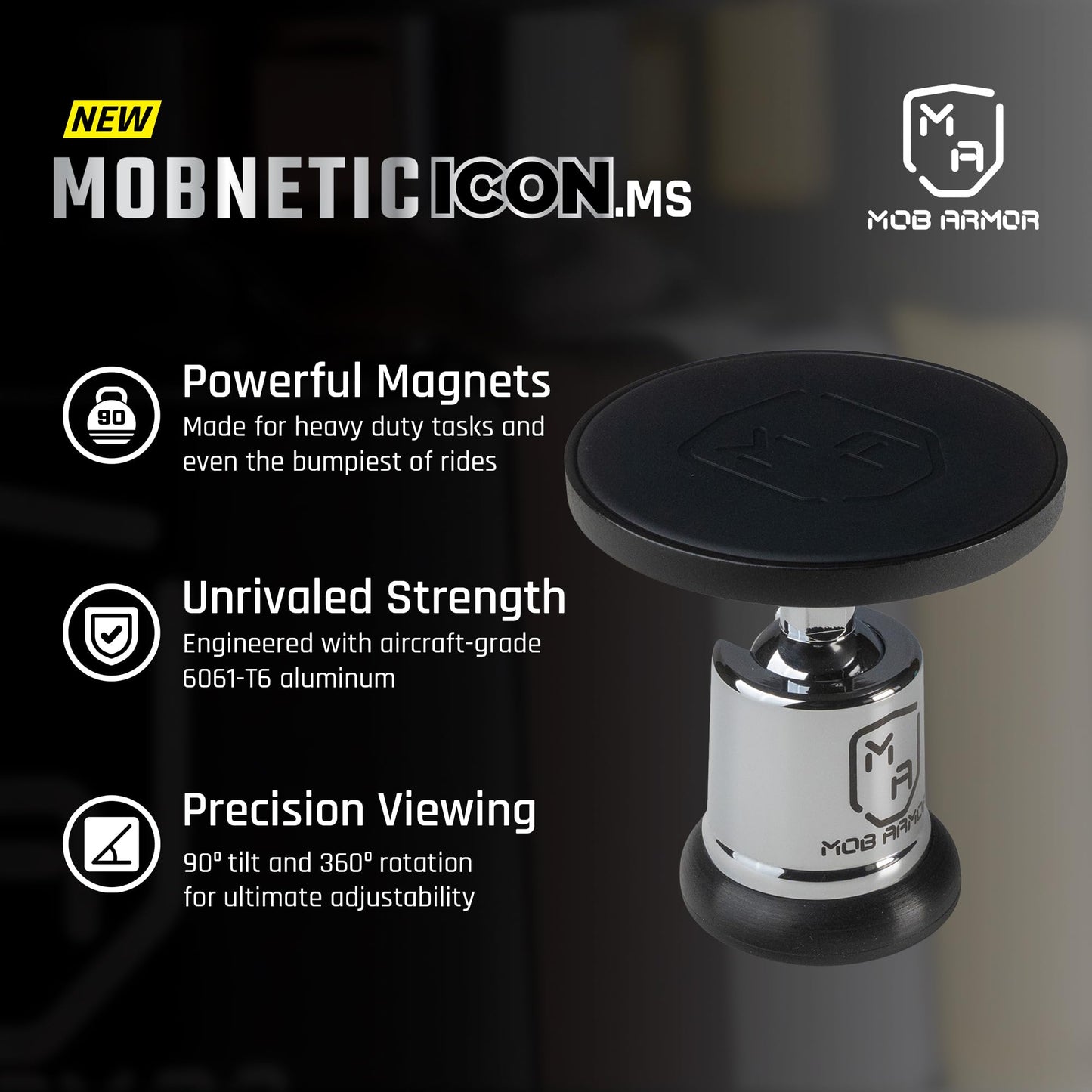 Mob Armor MobNetic Icon.MS MagSafe Compatible Phone Mount, Magnetic Phone Holder for Car w/ 90lb Pull Force, 90º Tilt & 360º Rotation, Aluminum Build
