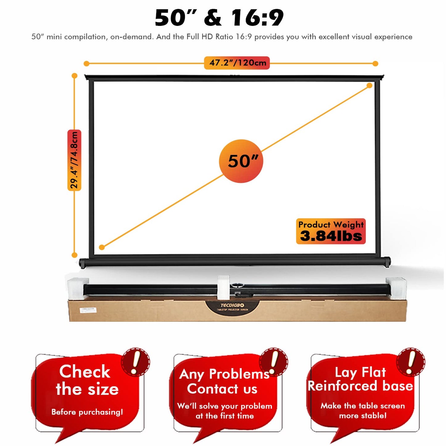 New Portable Mobile 50 Inch Projector Screen Pull Down, 16:9 Projector Screen Retractable Tabletop Screen Tripod Stand for Home Theater Meeting Room