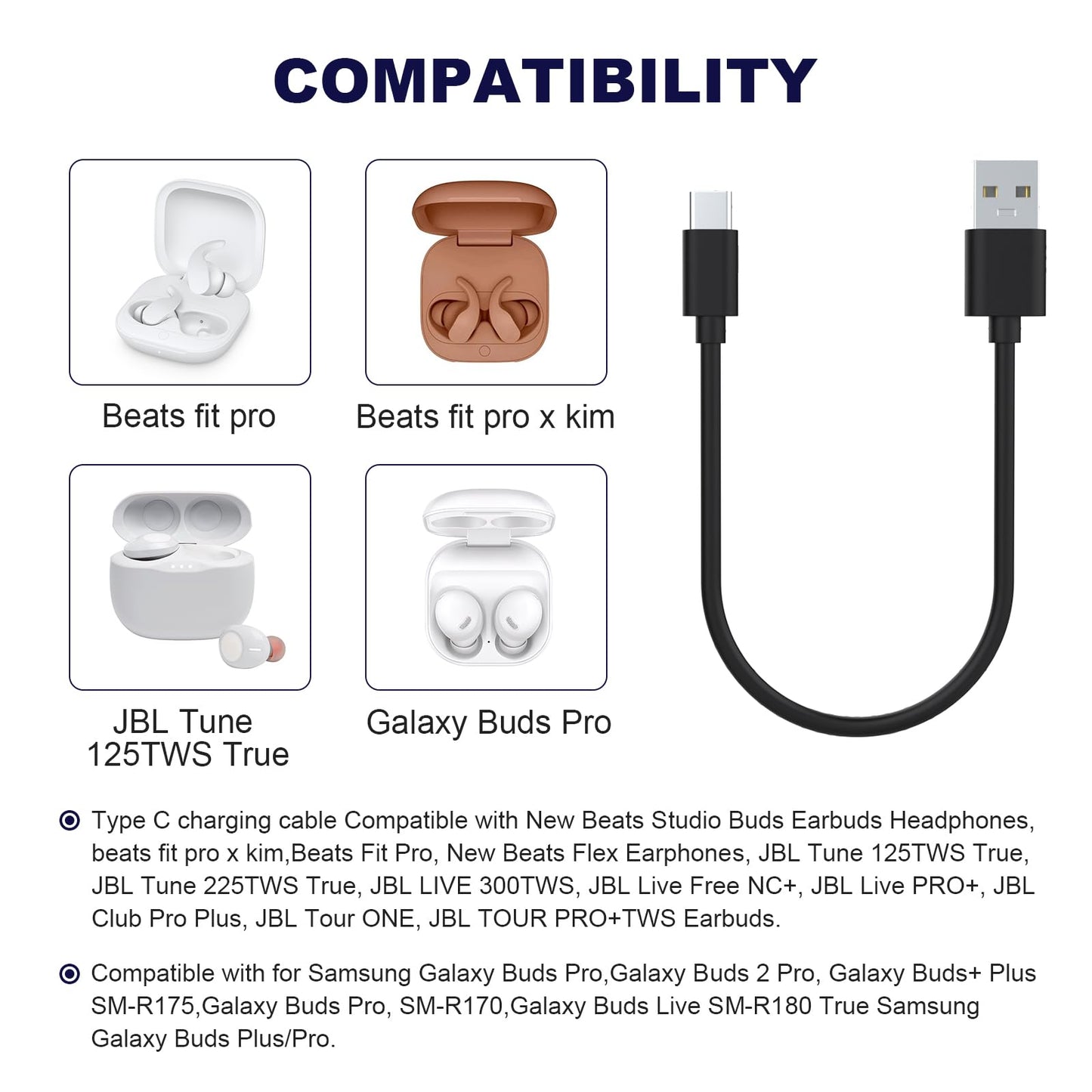 USB C Charging Cable Compatible with Beats Powerbeats Pro 2, Solo 4, Solo Buds, Fit Pro, Flex, Studio Pro, Studio Buds Headphones (9.84in)
