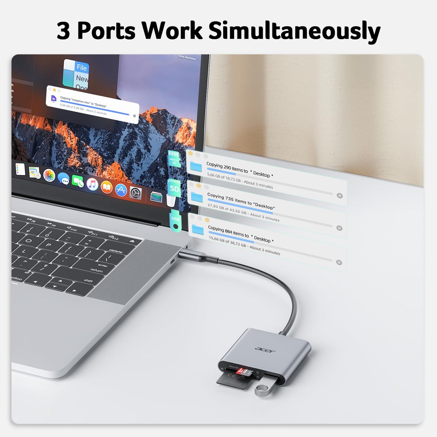 Acer SD Card Reader USB C, 3 in 1 Memory Card Reader with Dual Slots & USB 3.0, Micro SD Card Adapter for iPhone 17/16/15 Compatible with Camera
