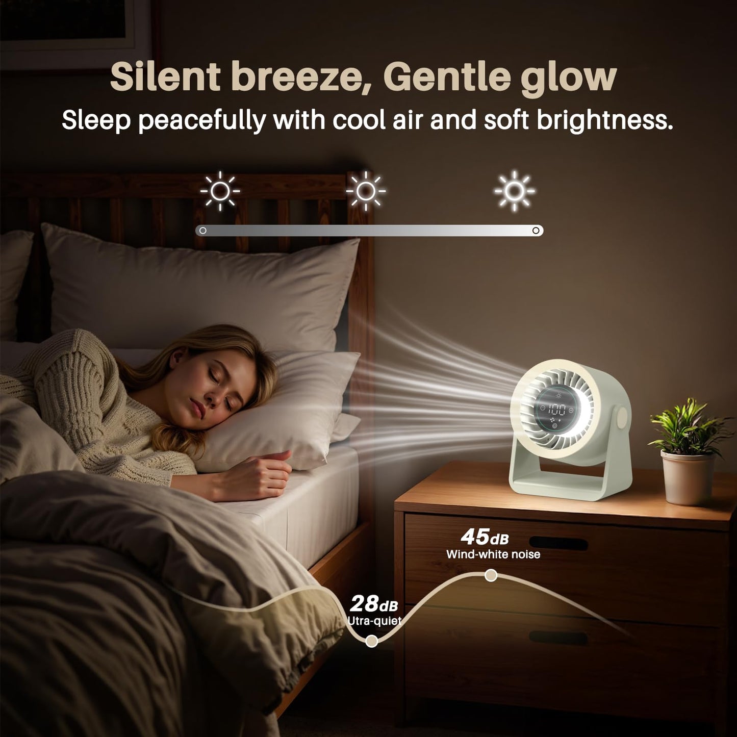 Ausic Powerful Desk Fan Rechargeable Battery Powered, 15200mAh Small Turbo Bedside Fans for Cooling and Sleep, Personal USB Fans With LED Light