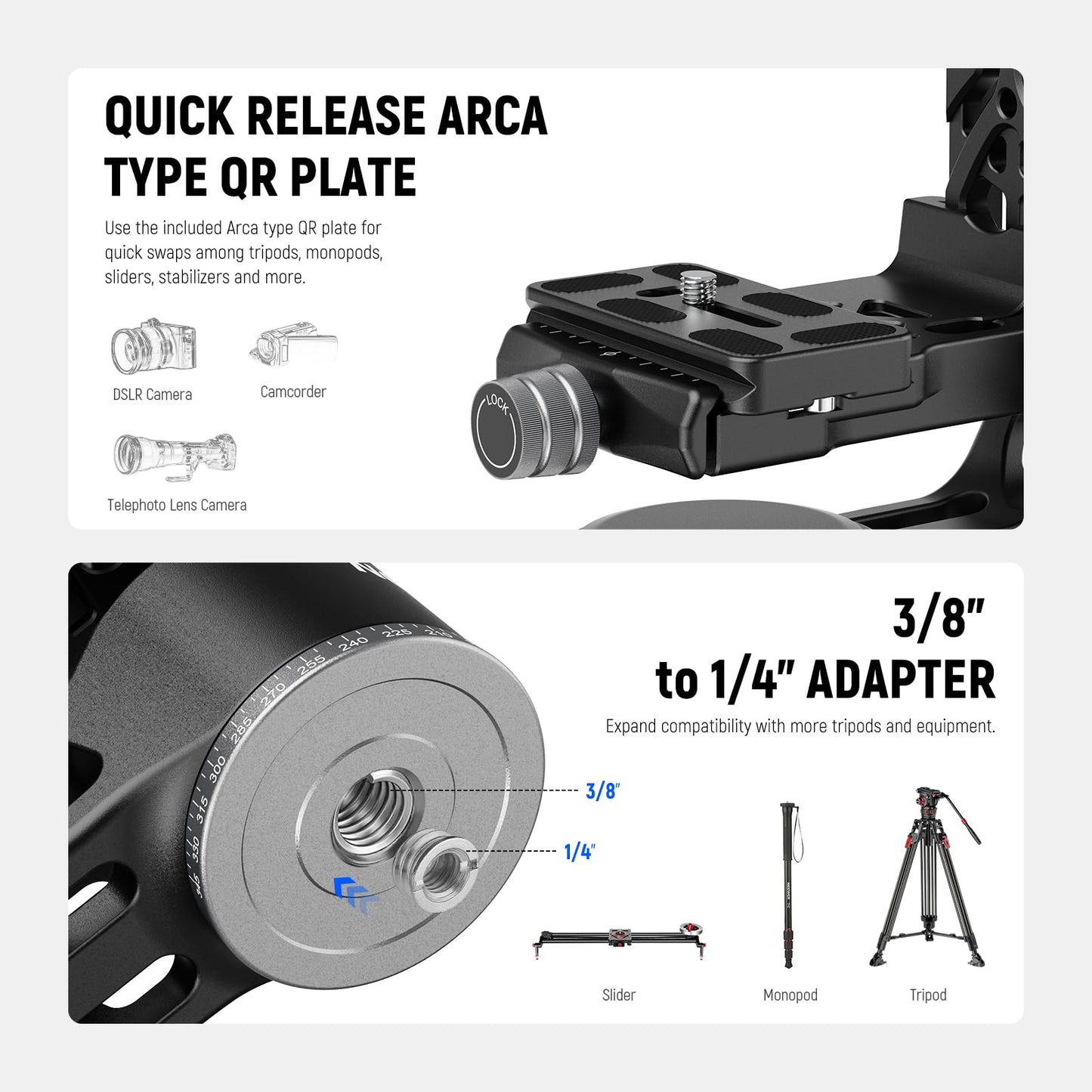 NEEWER GM102 Gimbal Head for Tripod Monopod Telephoto Lenses, 360° Panoramic Camera Tripod Head, 3 Axis Adjustment, Heavy Duty CNC Aluminum Alloy