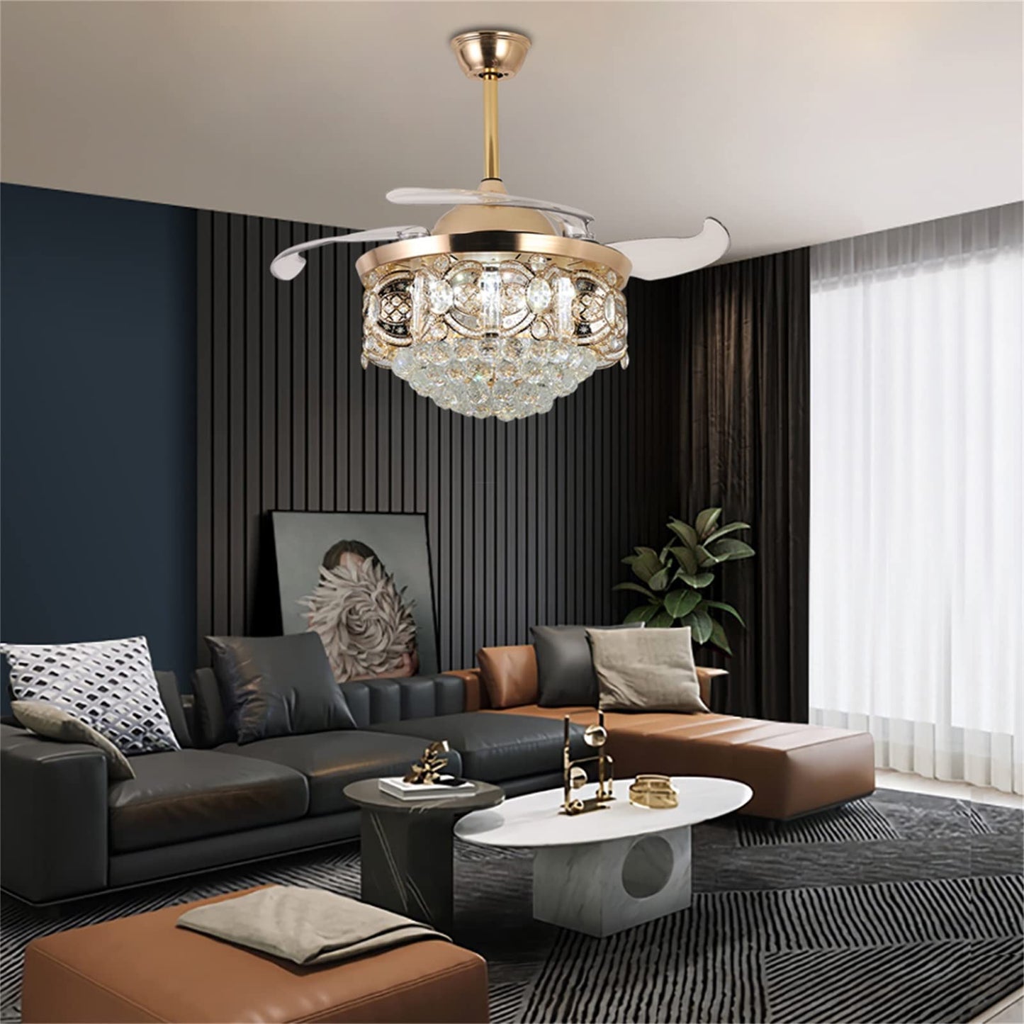 YIYIBYUS 42 Inch Luxury K9 Crystal LED Chandeliers Controller Retractable Ceiling Fans Lighting,Modern Dimmable Pendant Fandelier for Bedroom Living
