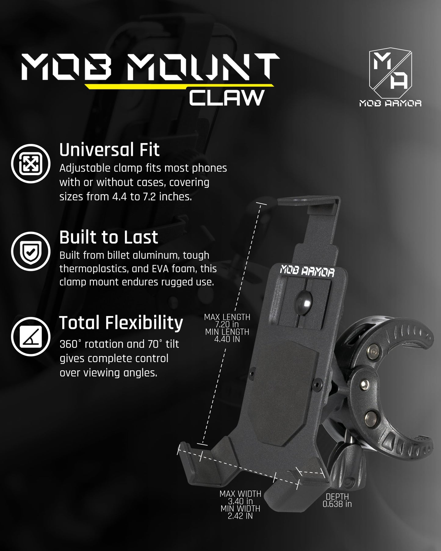 Mob Armor Mob Mount Claw with 360° Rotation - Universal Phone Mounting Clamp for Motorcycle, Jeep, Dirt Bike, Car, ATV, Boat, Truck, Emergency Vehicle