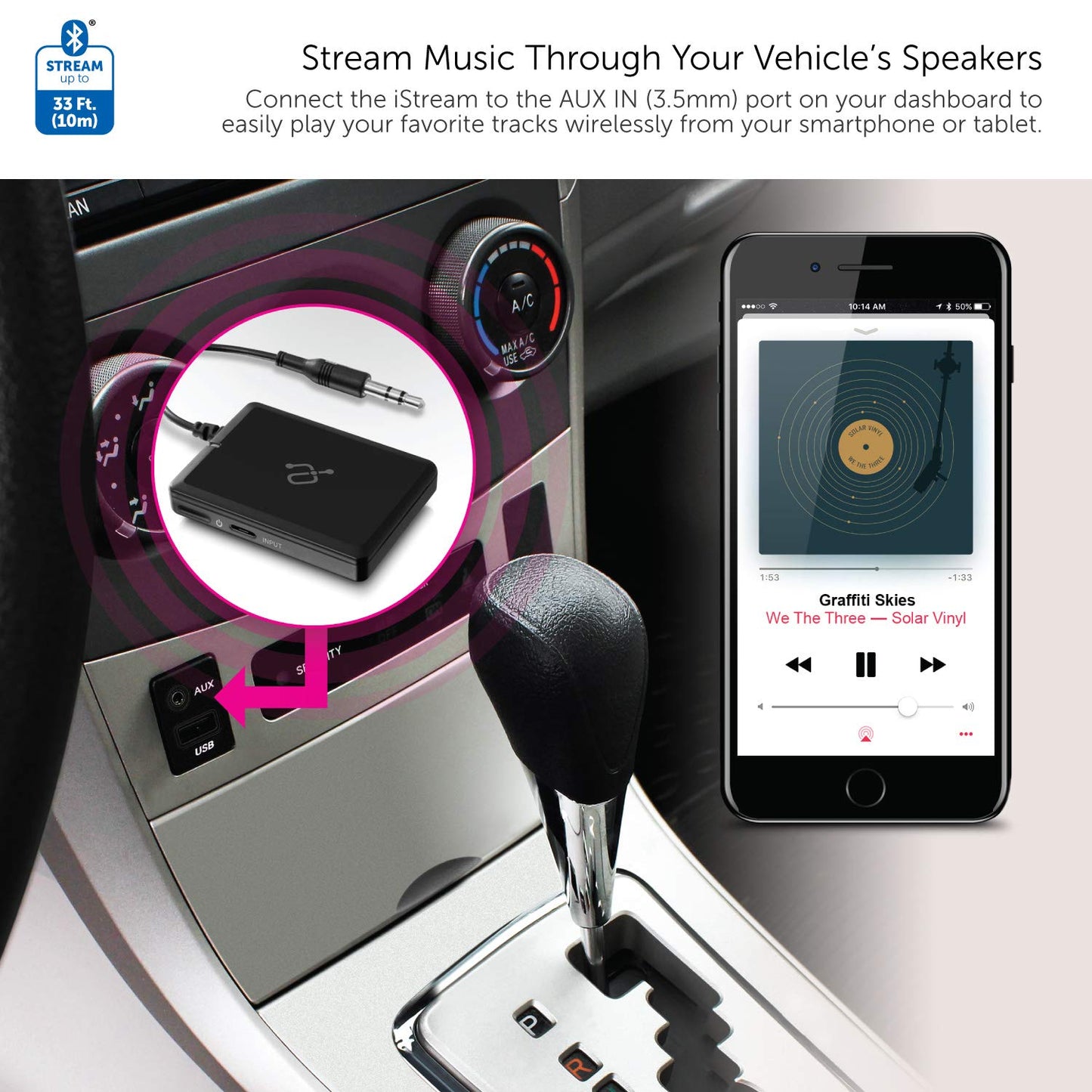 Aluratek iStream AIS01F Bluetooth Audio Receiver Adapter w/ Attached Cable for Smart Phone to Home Stereo, Car, Speakers