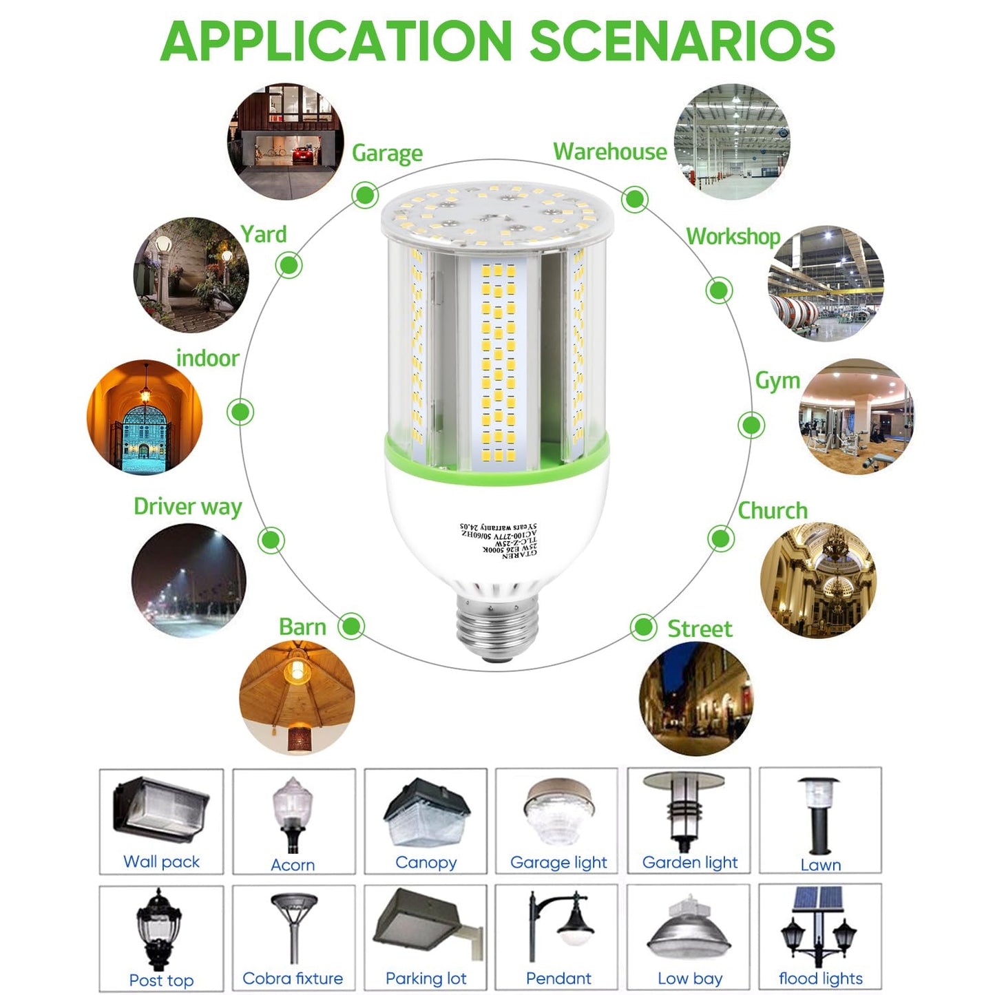 GTAREN E26 LED Bulb, 25W Corn Light, 250W Equivalent, 3500 Lumens, 5000K Daylight White, CFL MH HID Replacement - Indoor Outdoor Basement Backyard